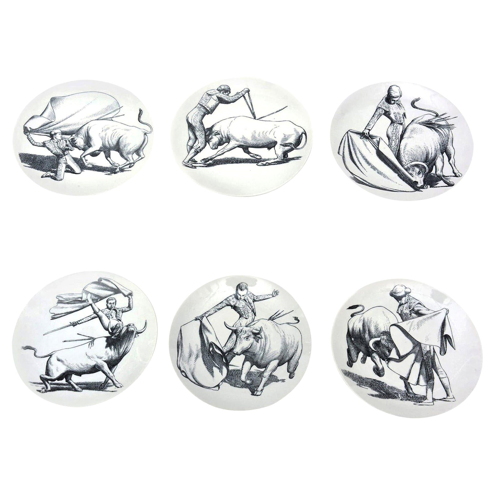 Piero Fornasetti Vintage Matador & Bull Porcelaine Dinner Plates Set of Six 50's