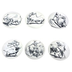 Piero Fornasetti Vintage Matador & Bull Porcelain Dinner Plates Set of Six 50's