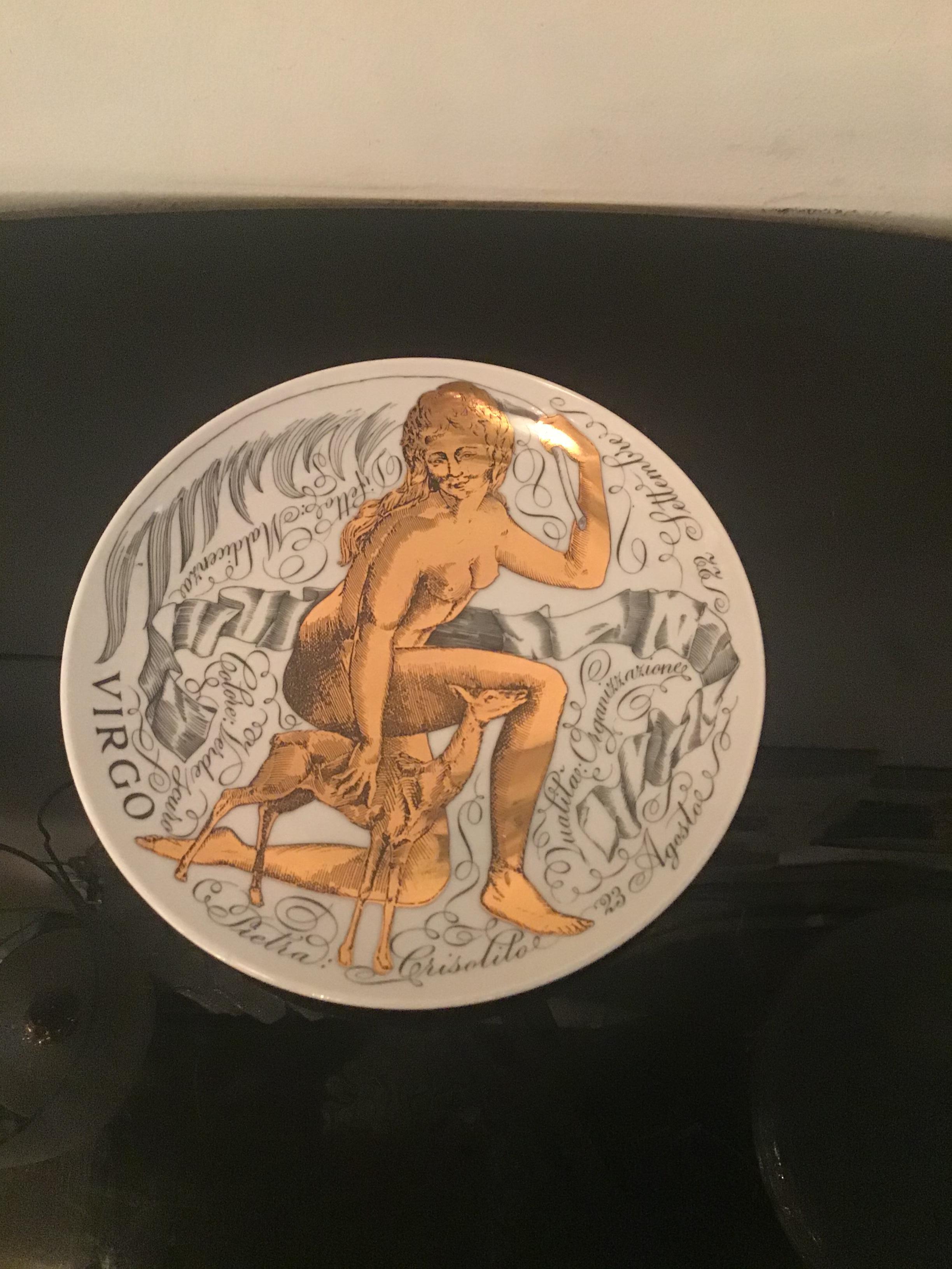 Piero Fornasetti “Virgo” Plate Porcelain Gold, 1969, Italy For Sale 4