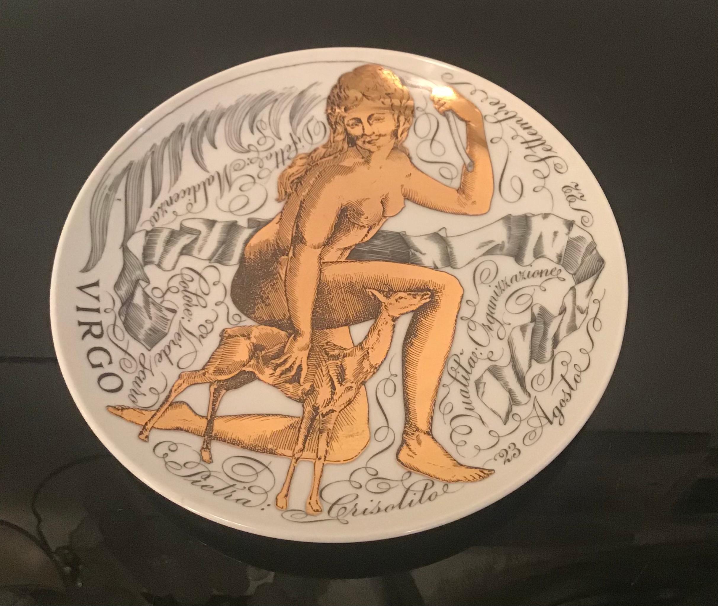 20th Century Piero Fornasetti “Virgo” Plate Porcelain Gold, 1969, Italy For Sale