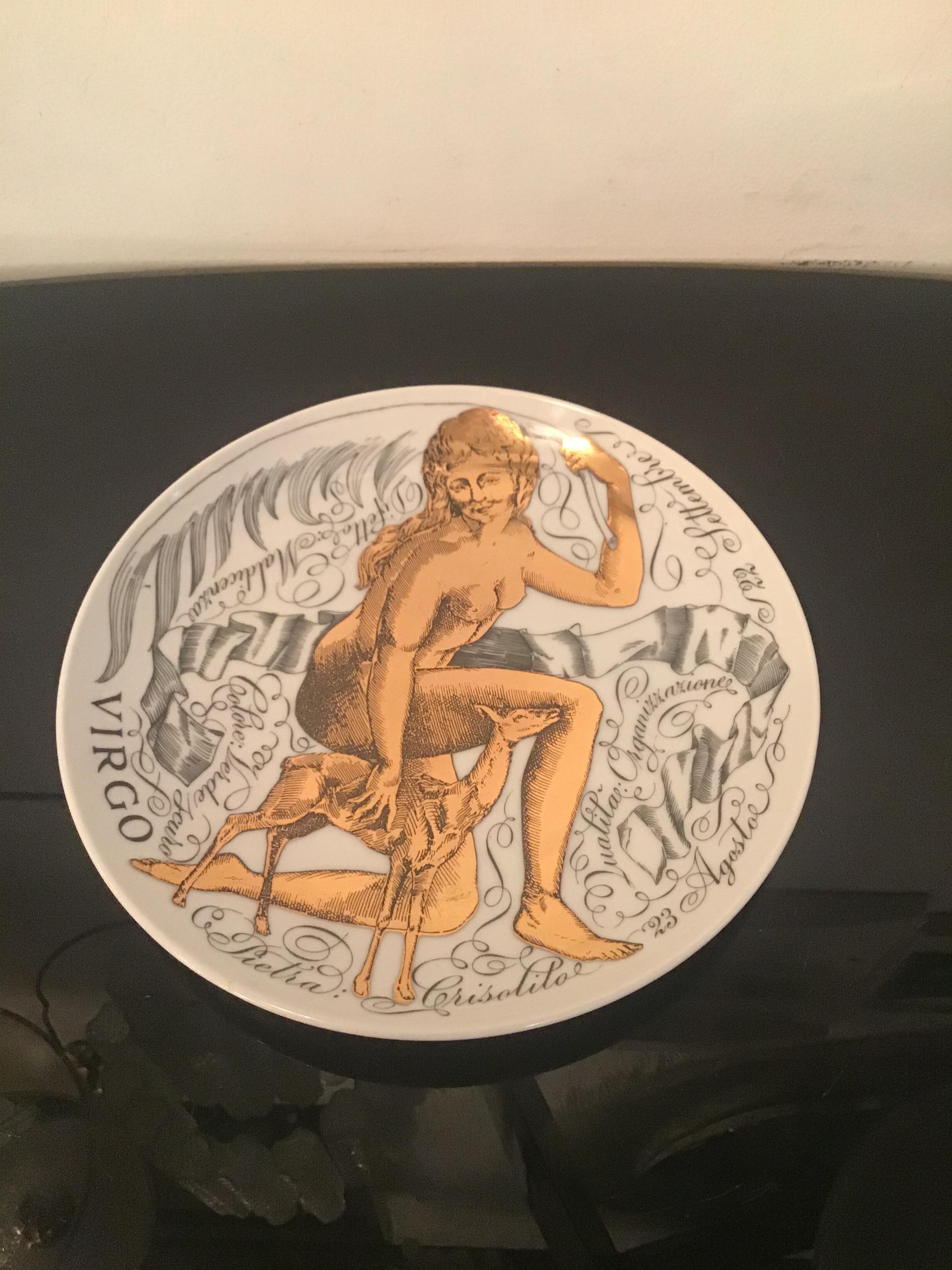Piero Fornasetti “Virgo” Plate Porcelain Gold, 1969, Italy For Sale 1