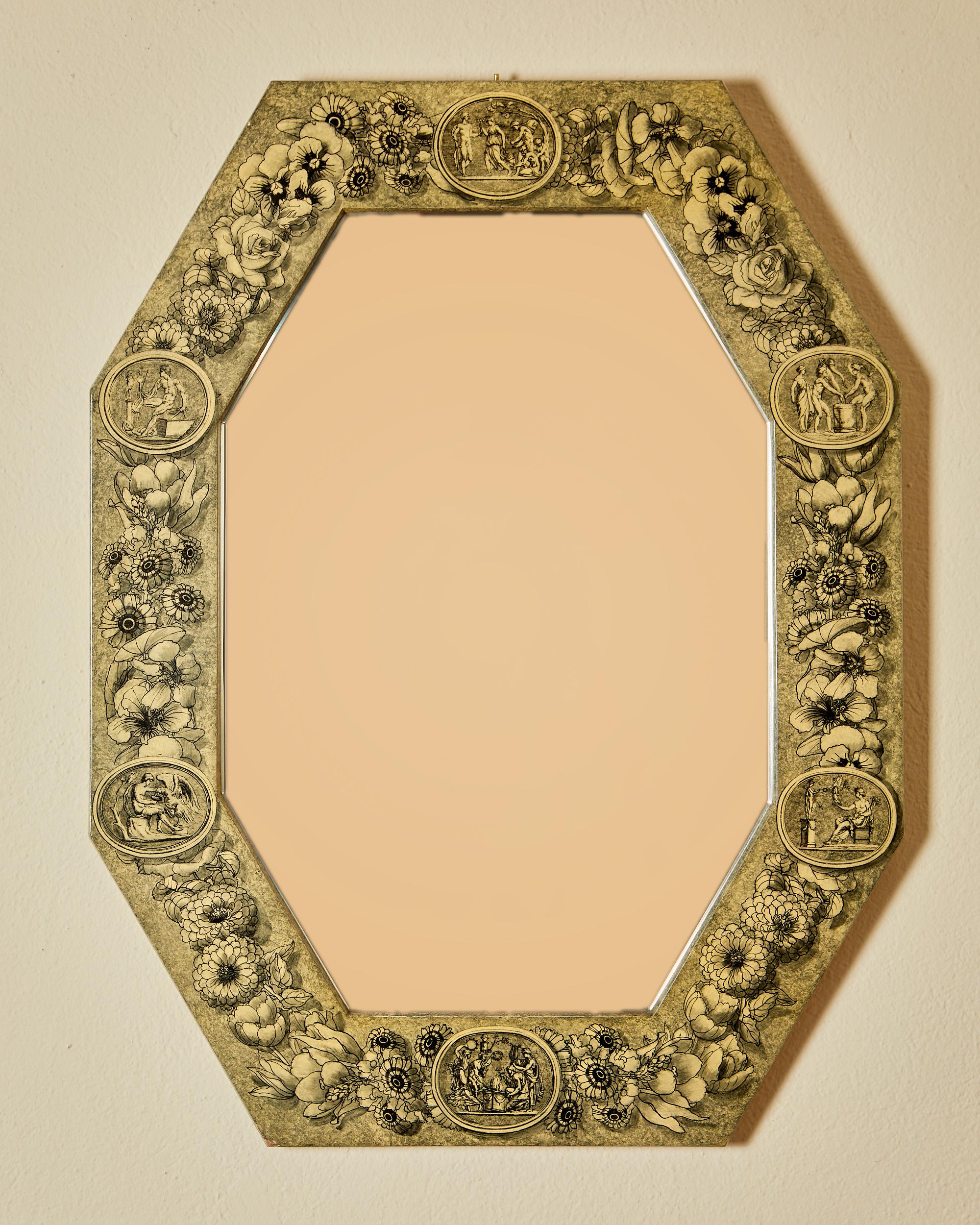 Piero Forna,
wall mirror,
wooden support covered with screen prints with neo-classical decoration of flowers and mythological scenes,
circa 1960, Italy.
Height 85 cm, width 64 cm, depth 3 cm.