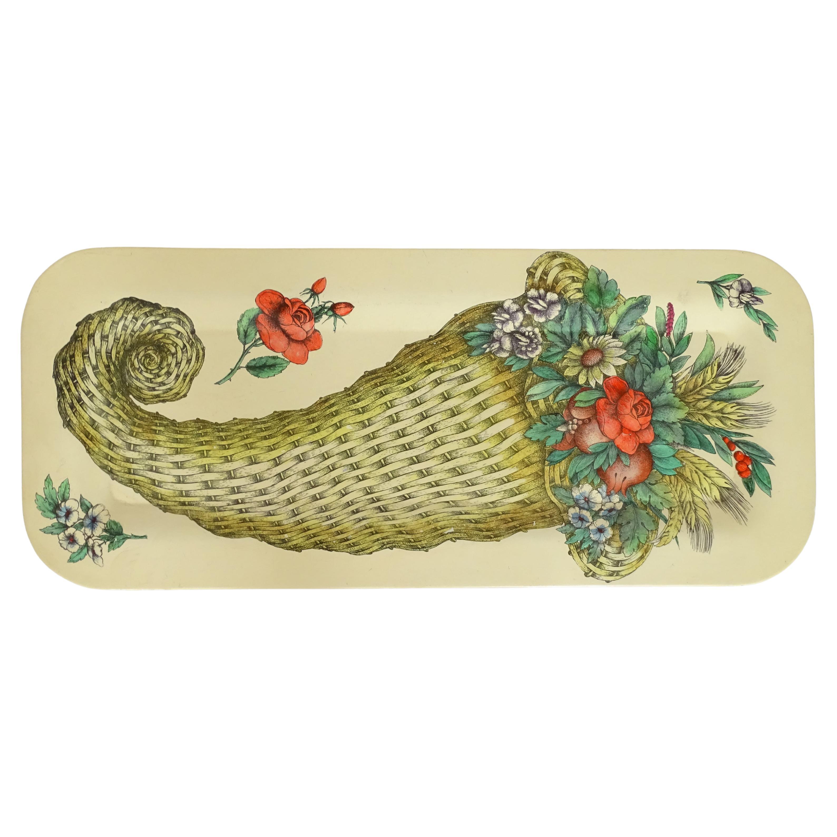Piero Fornasetti Wicker Cornucopia with Flowers, Roses and Pomegranates Tray For Sale