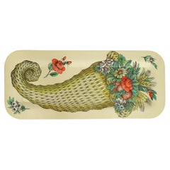 Retro Piero Fornasetti Wicker Cornucopia with Flowers, Roses and Pomegranates Tray