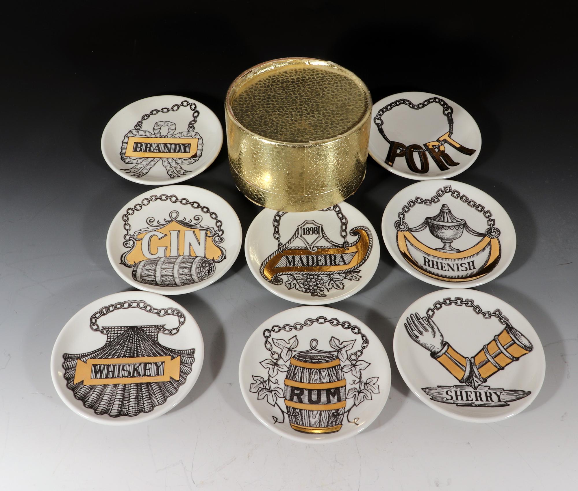 Mid-Century Modern Piero Fornasetti Wine & Liquor Coasters, Vini E Liquori, With Original Gold Box