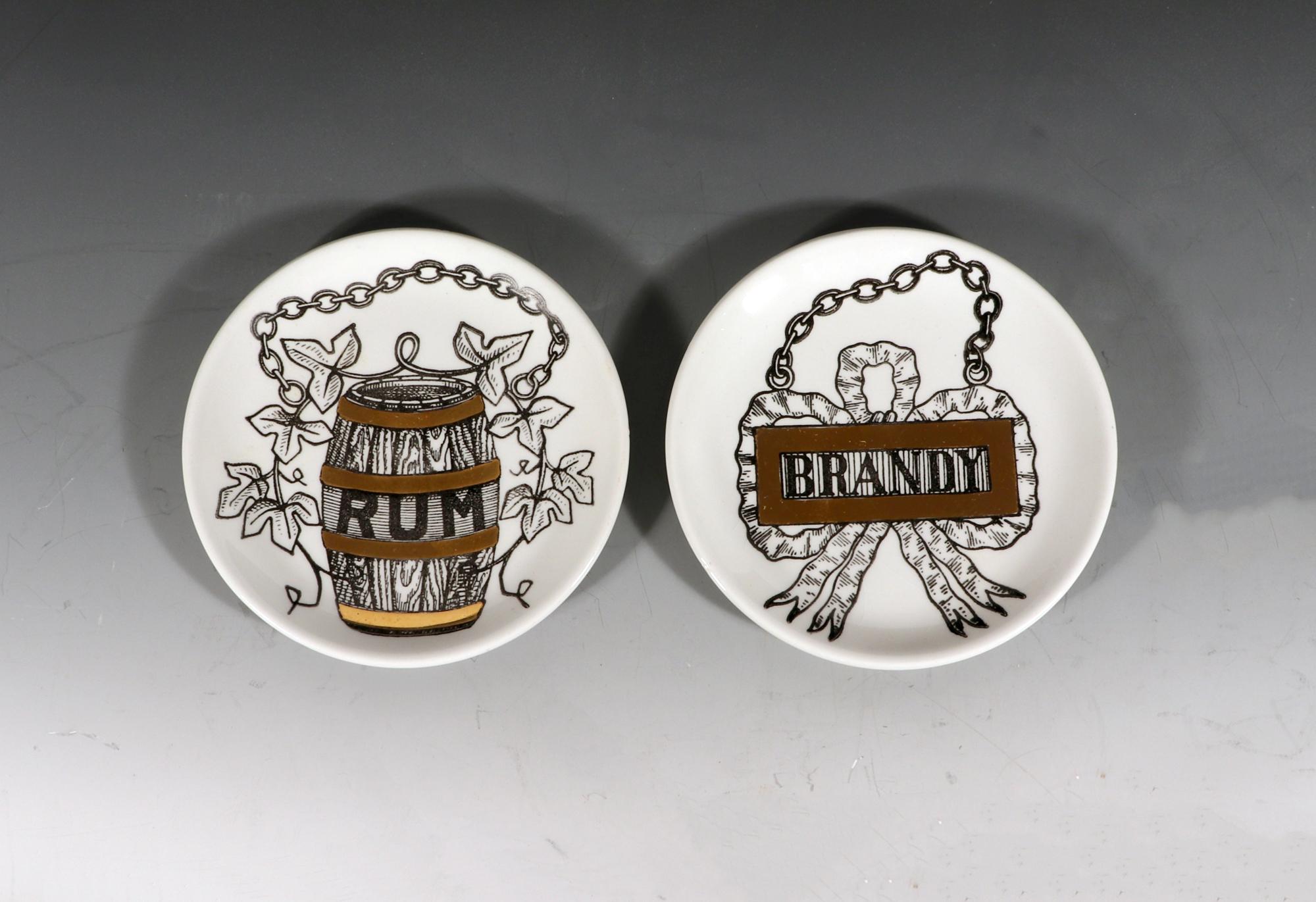 Ceramic Piero Fornasetti Wine & Liquor Coasters, Vini E Liquori, With Original Gold Box