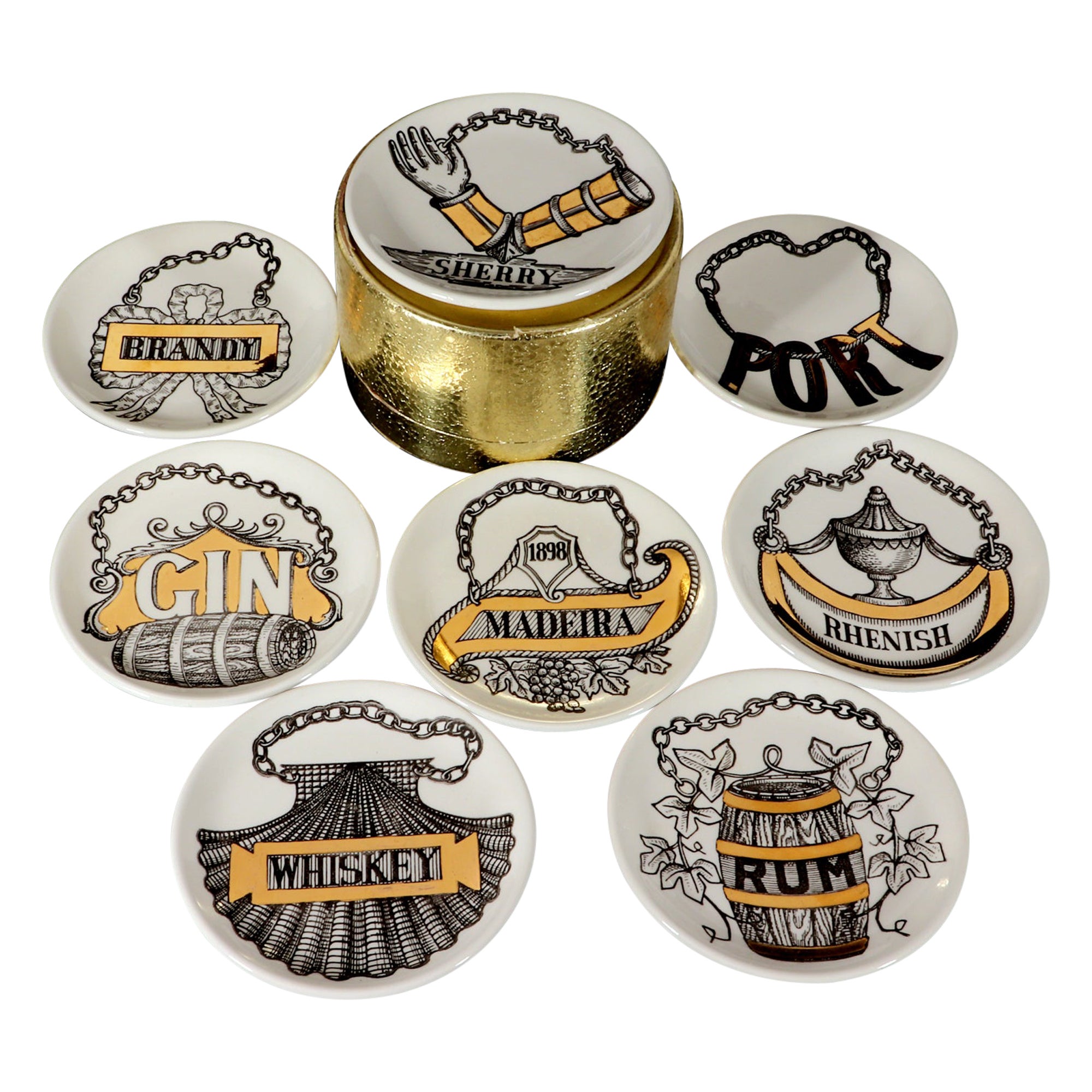 Piero Fornasetti Wine & Liquor Coasters, Vini E Liquori, With Original Gold Box