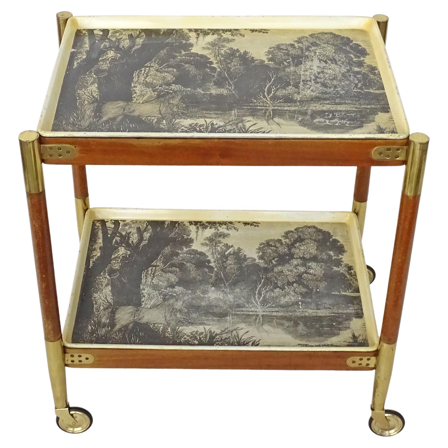 Piero Fornasetti Wood and Brass Folding Trolley, Italy, 1950s For Sale