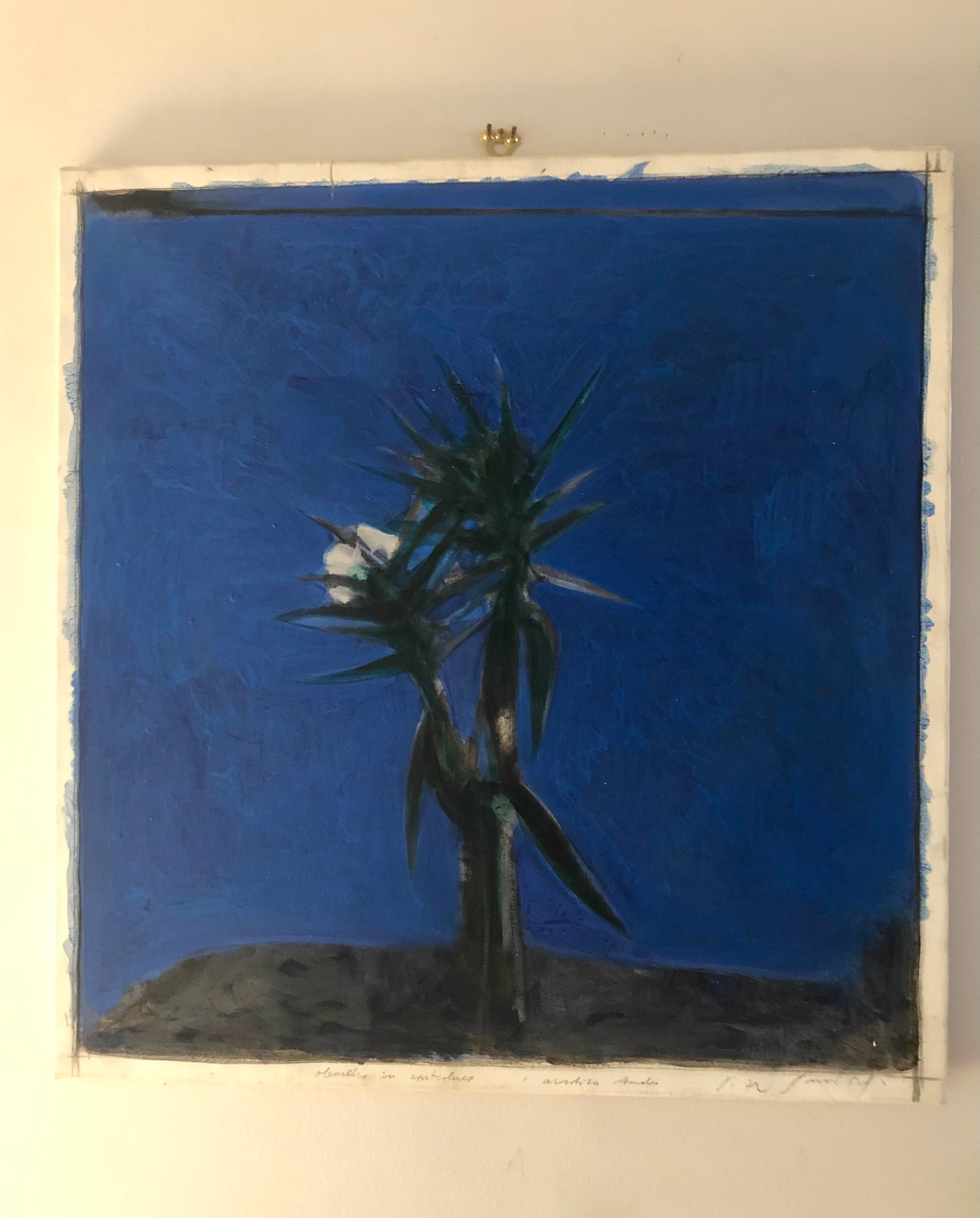 Piero Guccione (Italy, 1935-2018), “Oleandro in Controluce” (Oleander in Silhouette ), titled and signed lower margins, titled, signed and dated verso, with Galleria Il Gabbiano, Rome label to stretcher. 

Piero Guccione was a leading figure in the