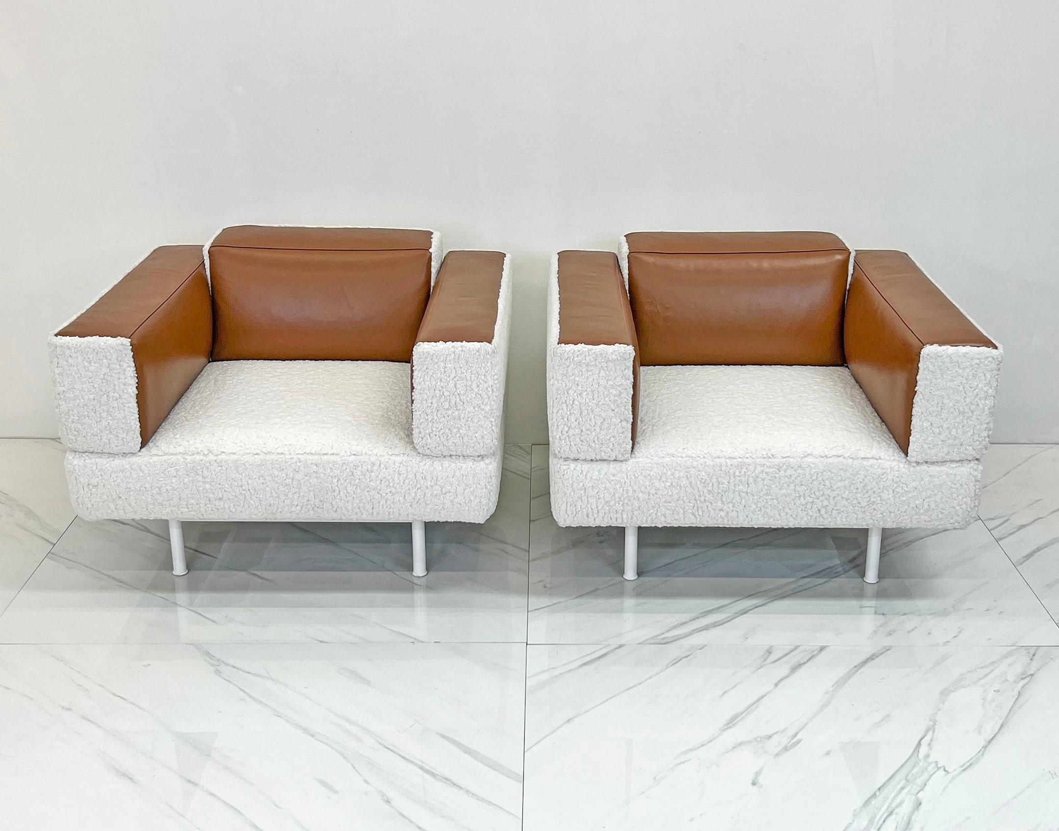 Piero Lissoni Reef Chairs in Cognac Leather and Boucle, Cassina, 2001  For Sale 3