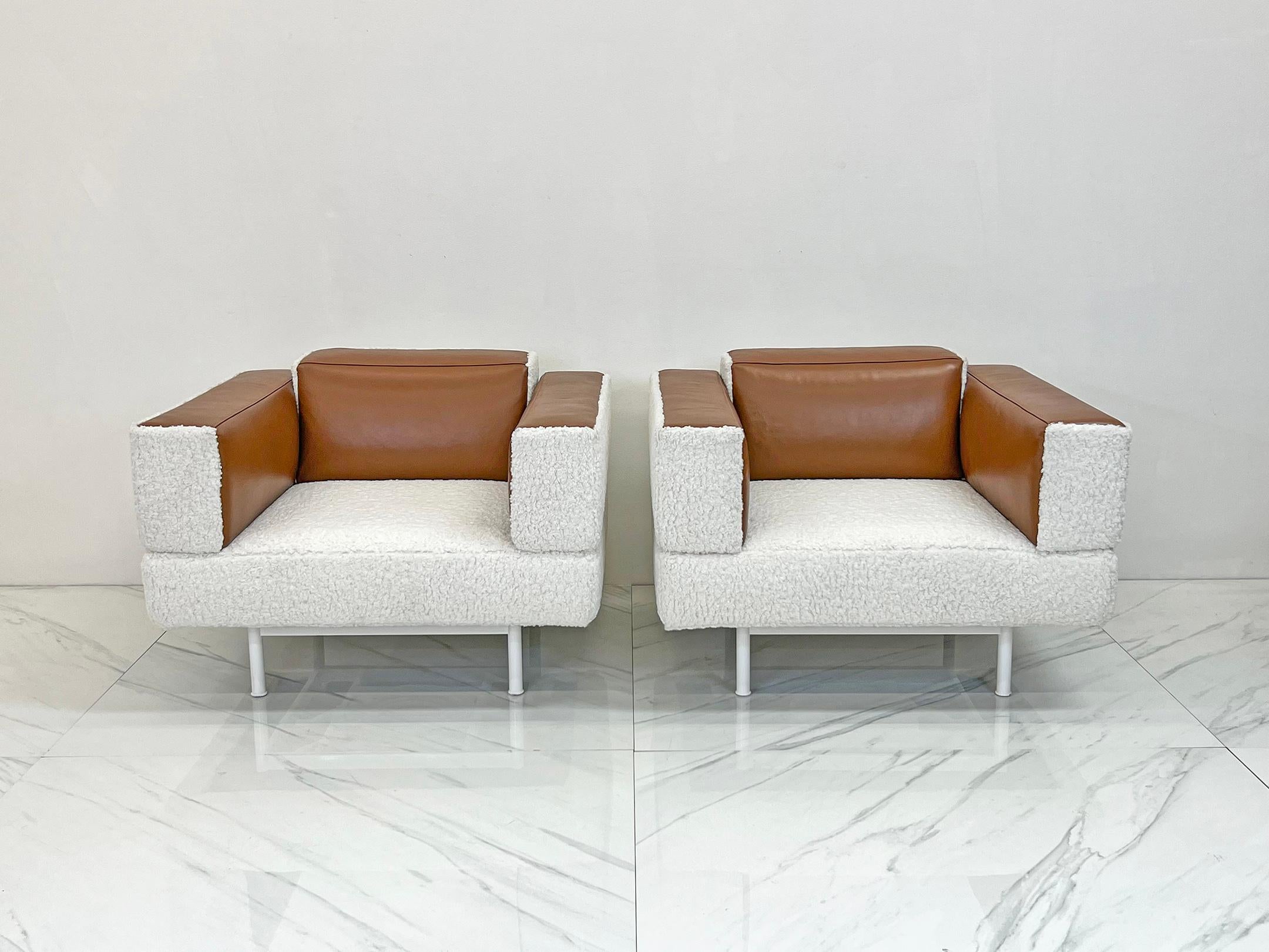 Piero Lissoni Reef Chairs in Cognac Leather and Boucle, Cassina, 2001  For Sale 4