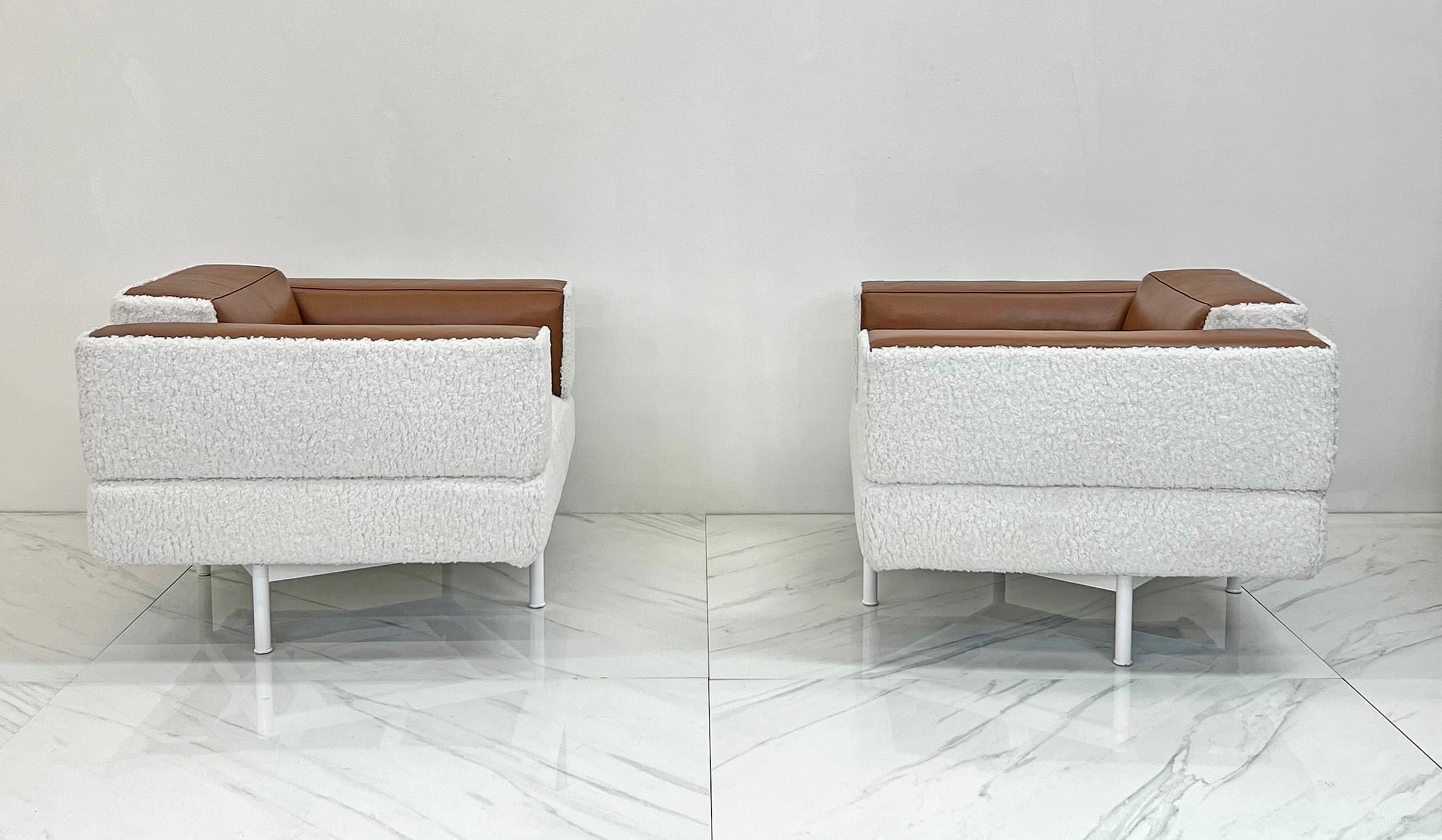 Reef-Stühle von Piero Lissoni aus cognacfarbenem Leder und Boucle, Cassina, 2001  (Pulverbeschichtet) im Angebot