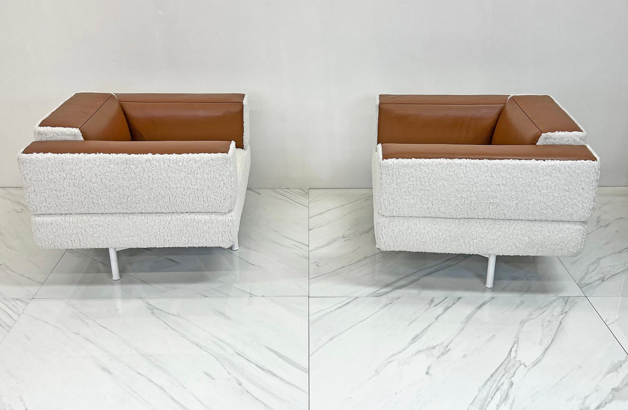 Piero Lissoni Reef Chairs in Cognac Leather and Boucle, Cassina, 2001  In Good Condition For Sale In Culver City, CA