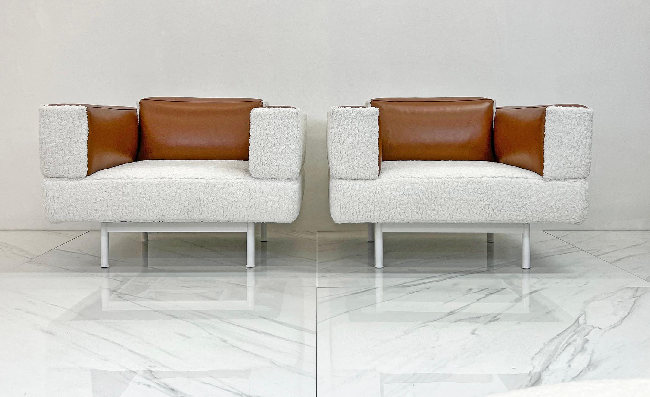 Contemporary Piero Lissoni Reef Chairs in Cognac Leather and Boucle, Cassina, 2001  For Sale