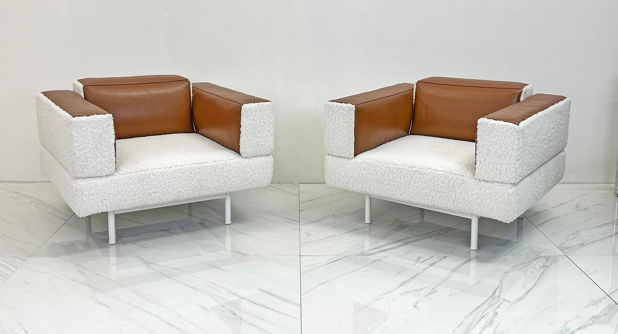 Steel Piero Lissoni Reef Chairs in Cognac Leather and Boucle, Cassina, 2001  For Sale