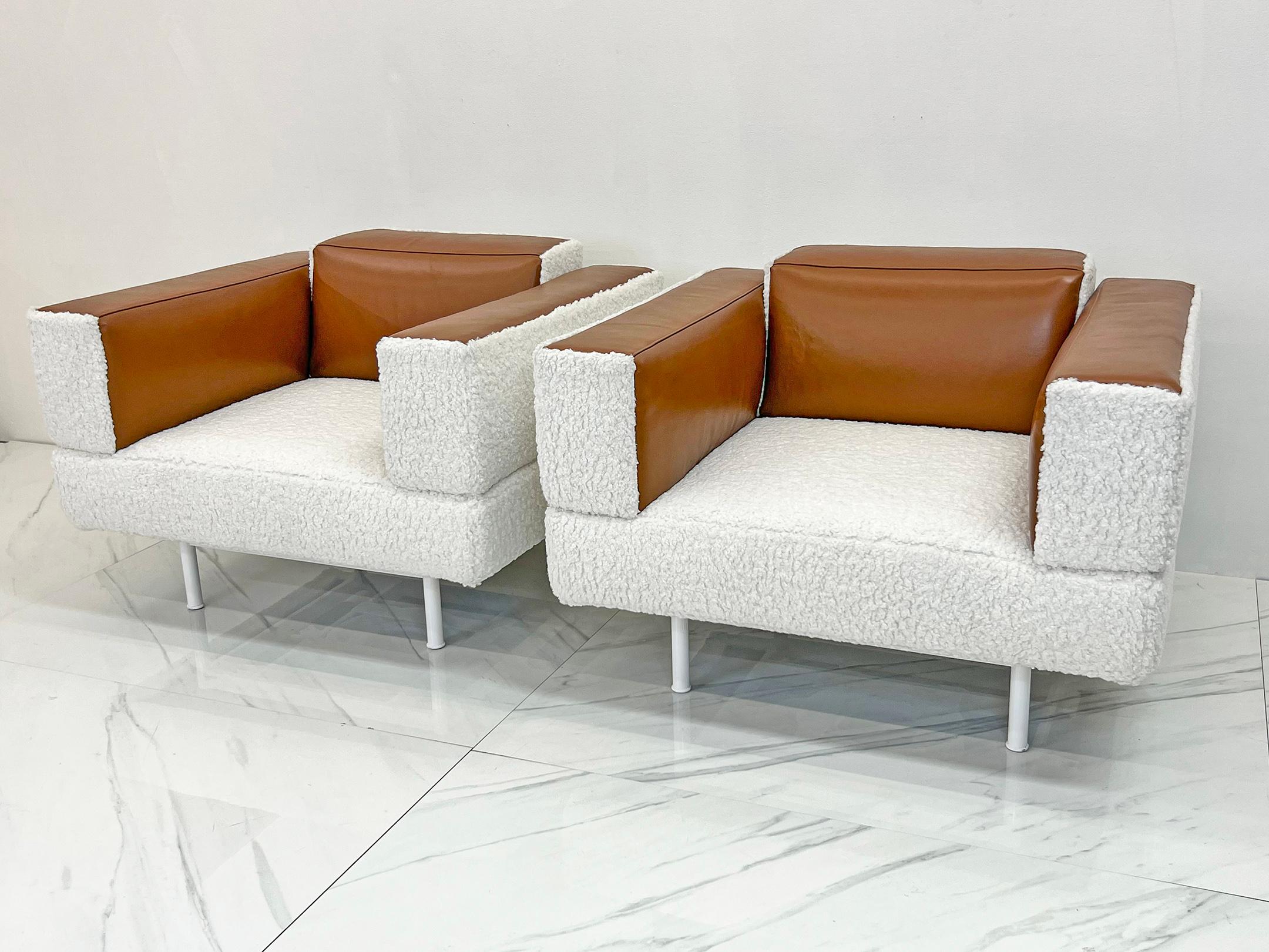 Piero Lissoni Reef Chairs in Cognac Leather and Boucle, Cassina, 2001  For Sale 1