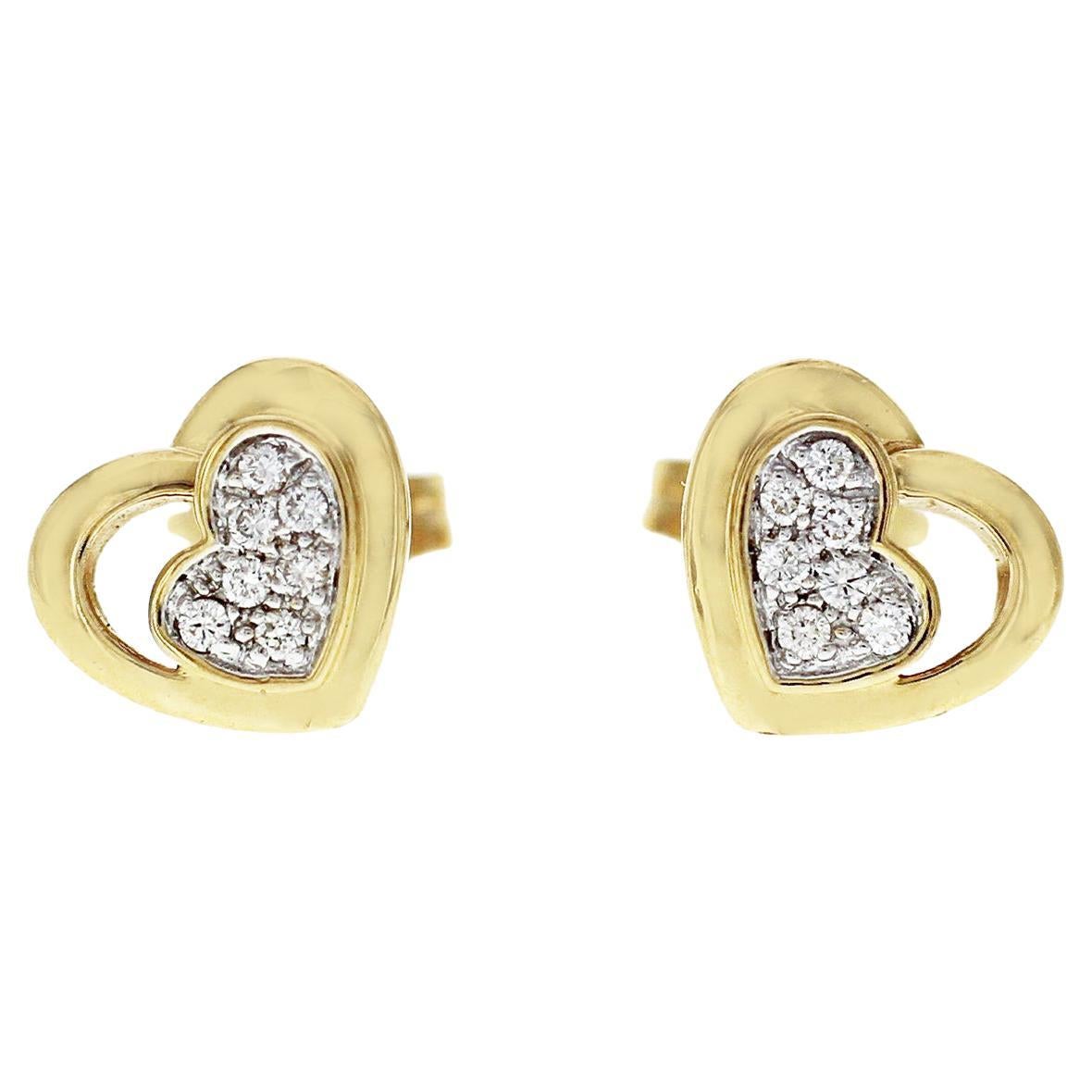 PIERO MILANO 0.08 CT Diamonds 18K Yellow Gold Heart Stud Earrings For Sale