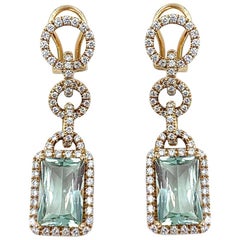 Piero Milano 18 Karat Rose Gold Aquamarine and Diamond Dangle or Drop Earrings