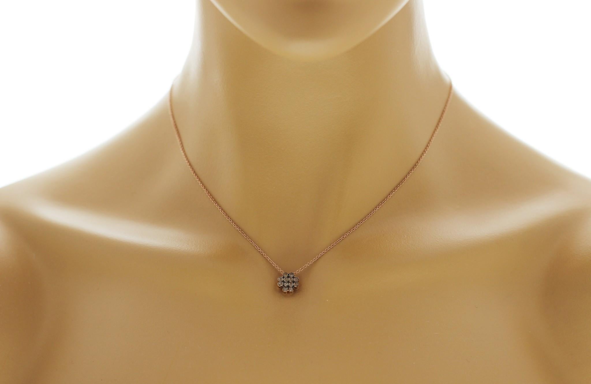 100% Authentic, 100% Customer Satisfaction

Pendant: 9 mm

Chain: 0.5 mm

Size: 16 Inches

Metal: 18K Rose Gold

Hallmarks: 18K

Total Weight: 3 Grams

Stone Type: Brown Diamonds

Condition: New

Estimated Price: $1660

Stock Number: N29