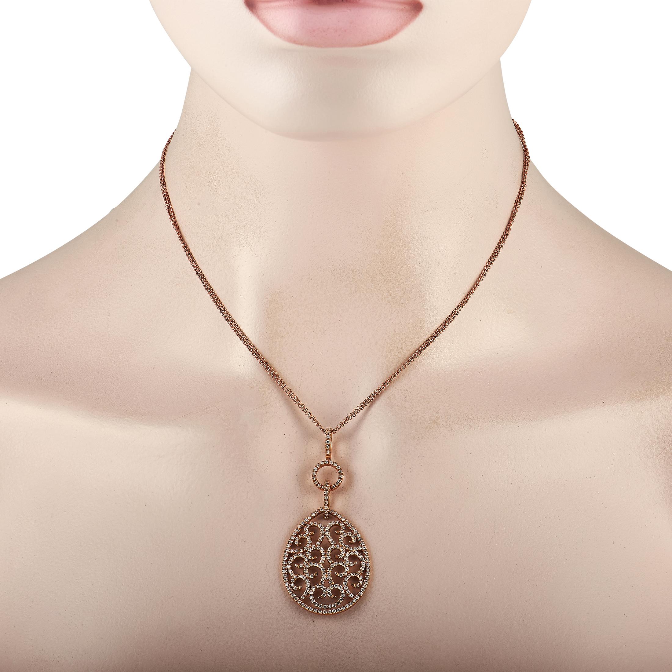 A gorgeous rose gold diamond necklace to add to your collection. On a 16-inch rose gold double cable chain is a 2.45