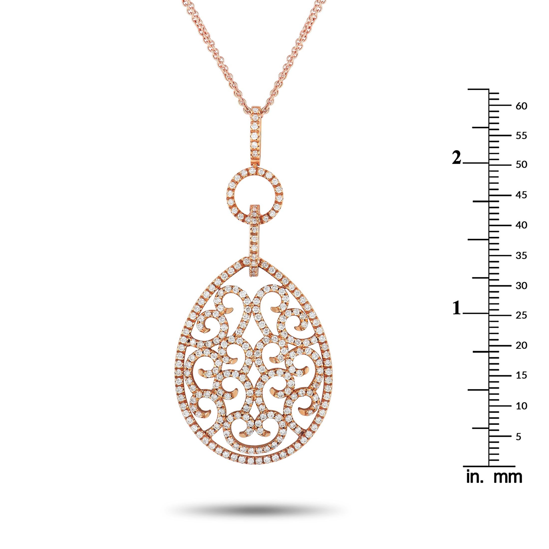 Round Cut Piero Milano 18K Rose Gold 1.68 Ct Diamond Pendant Necklace For Sale