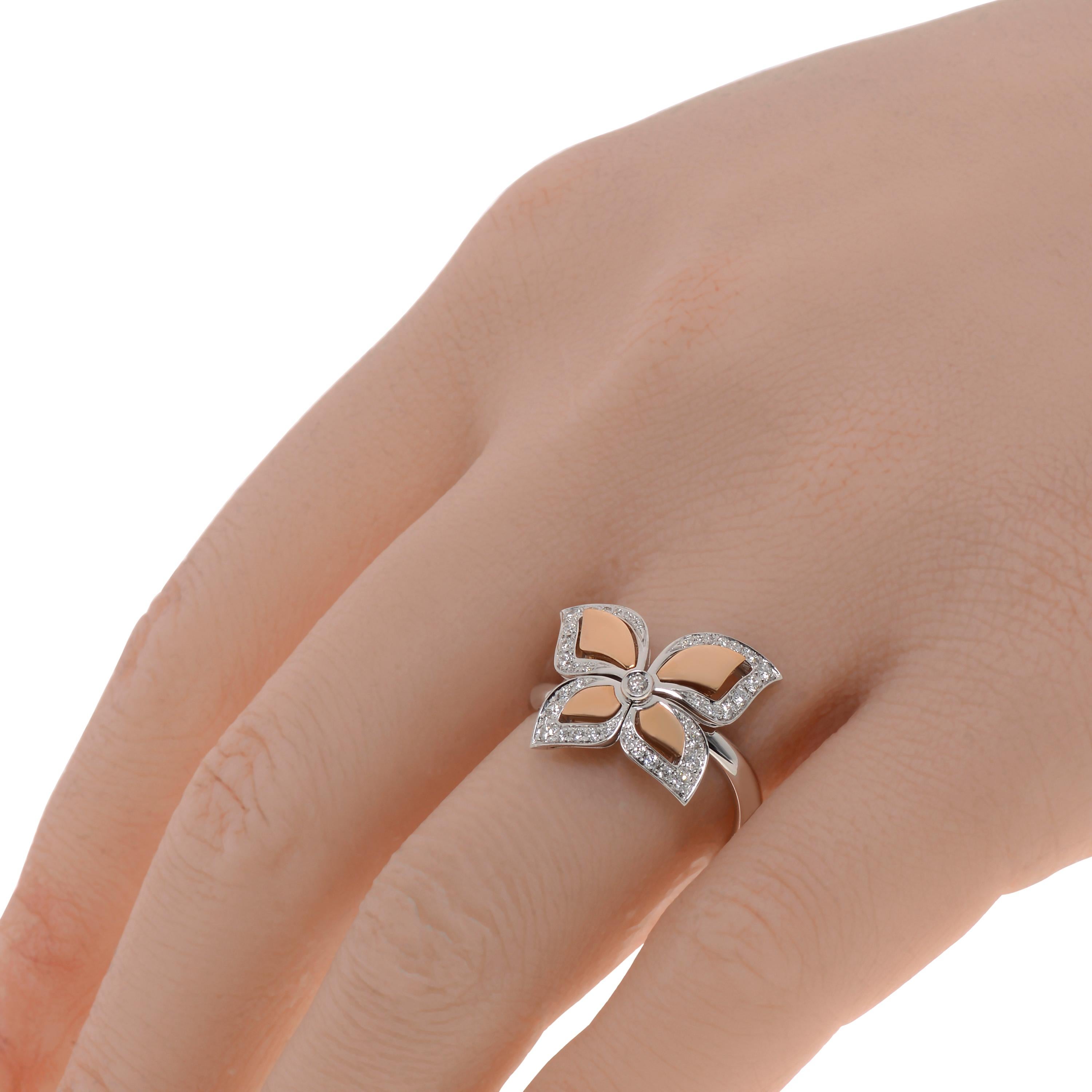 This adorable Piero Milano 18K Rose & White Gold Butterfly ring features 0.52ct. tw. diamond butterfly with adjustable wings. The ring size is 7 (54.4). The Decoration Size is 15mm L x 12mm H. The Weight is 7.1g.
