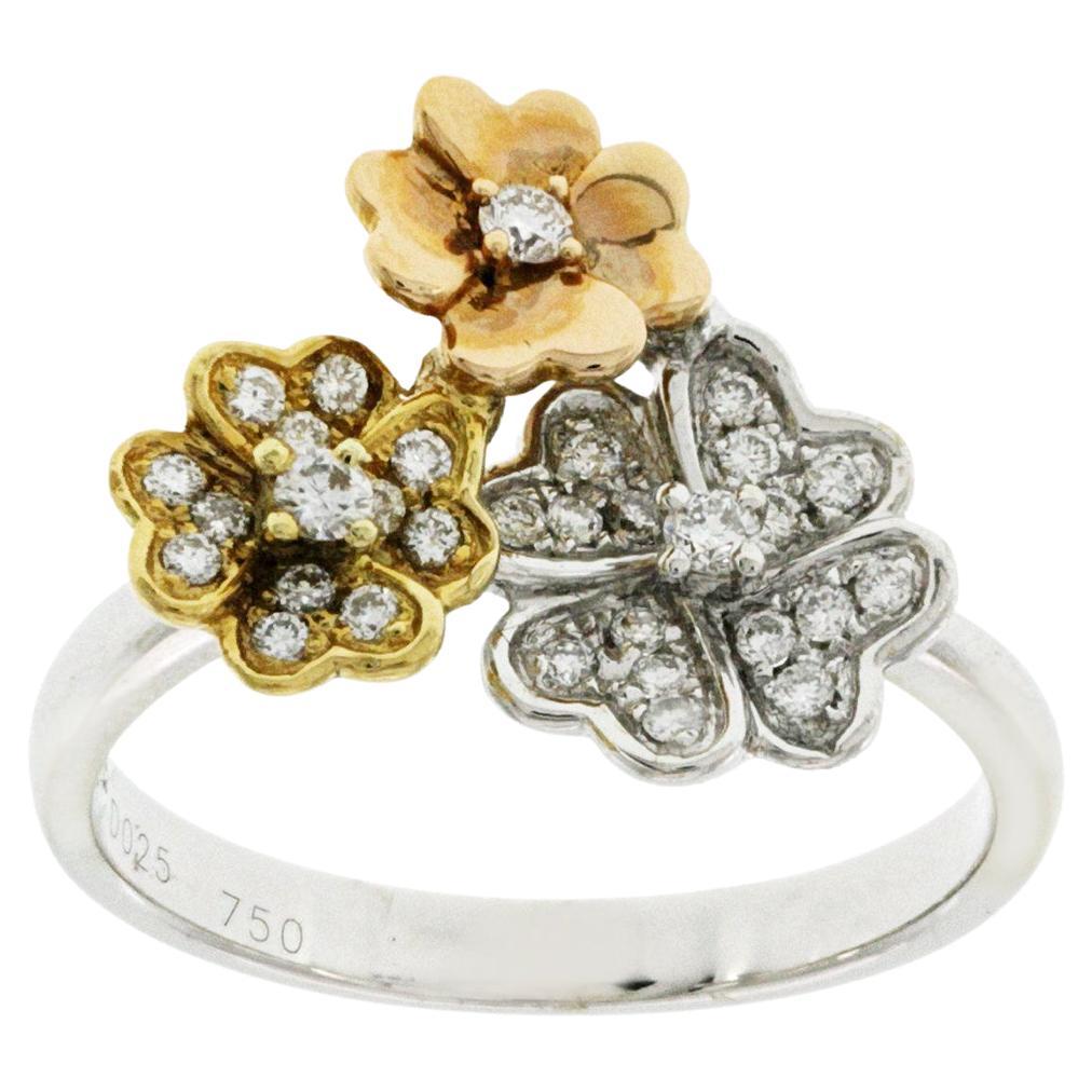 Piero Milano 18K Tri Color Gold 0.25 Ct Diamonds 3 Flowers Ring For Sale