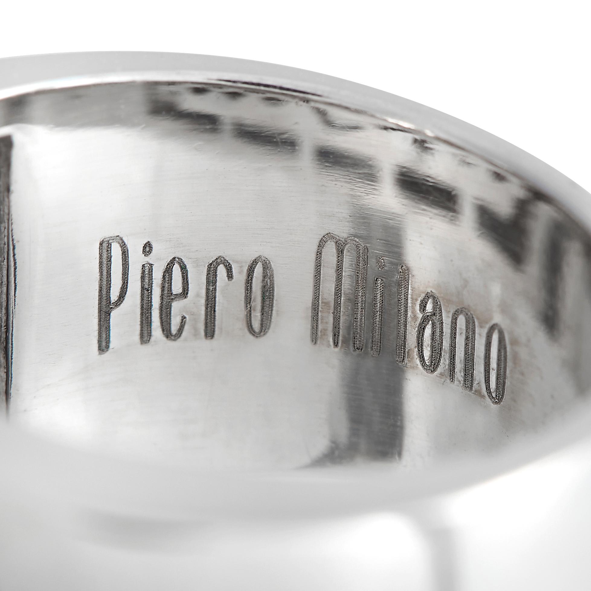 Round Cut Piero Milano 18Karat White Gold 0.21Carat Diamond and Sapphire Wide Ring For Sale