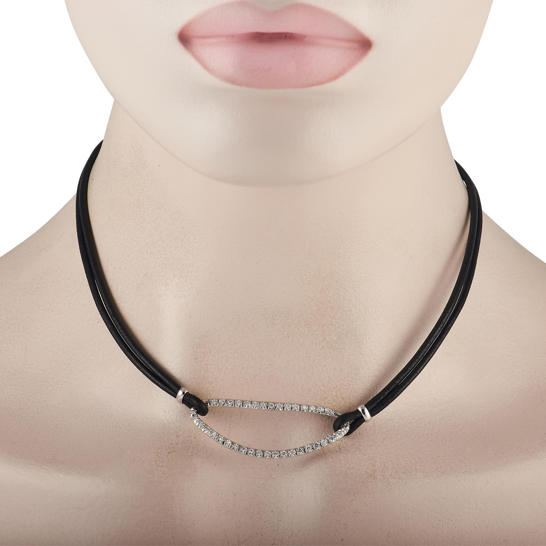 A must-have for an edgy wardrobe. Don this black cord and diamond choker necklace and nail the rock-chic look. This Piero Milano necklace features a 14-inch black cord necklace holding a sculpted oval pendant in white gold. The pendant is traced
