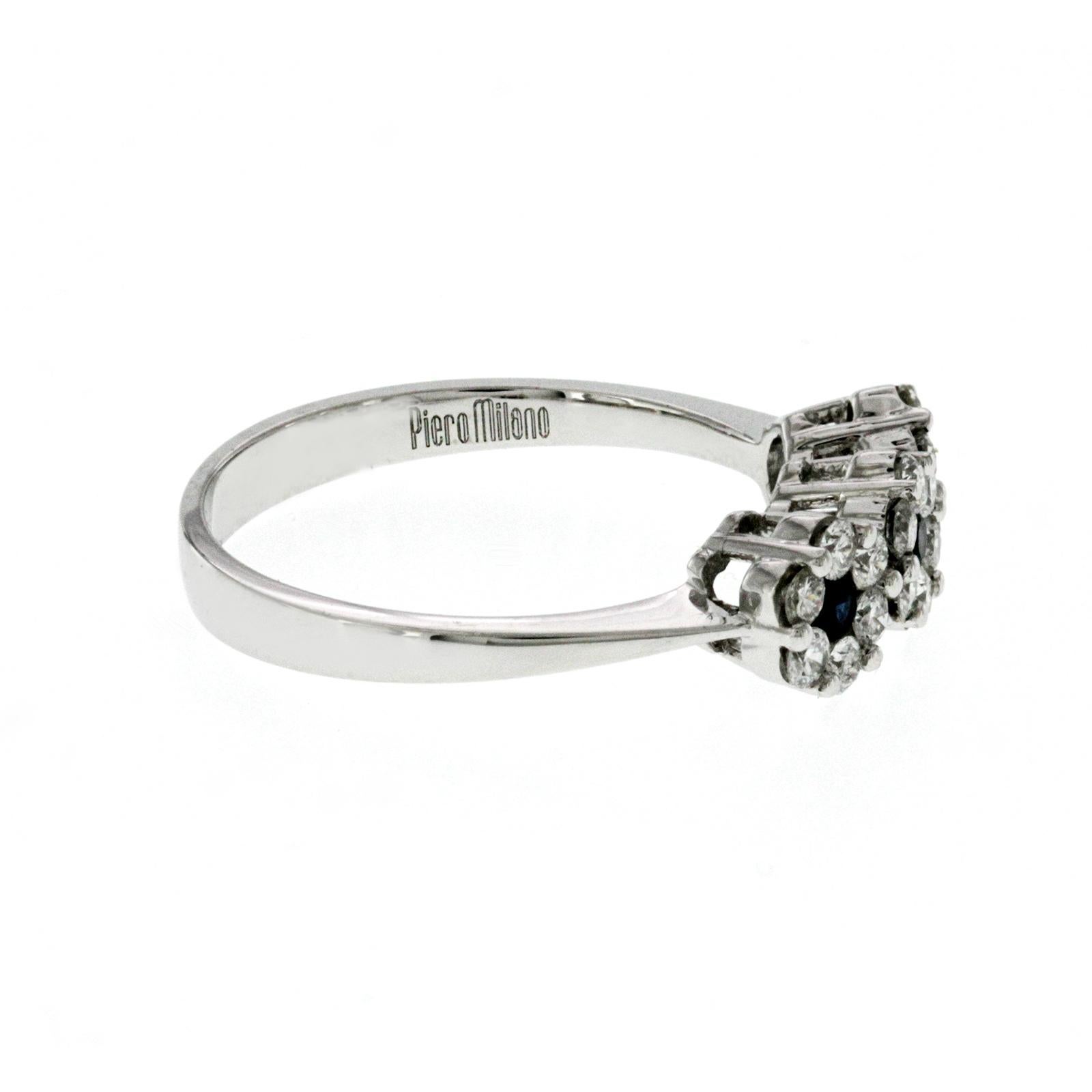 Round Cut Piero Milano 18K White Gold 0.39ct Diamonds & Sapphire 3 Flower Band Ring For Sale