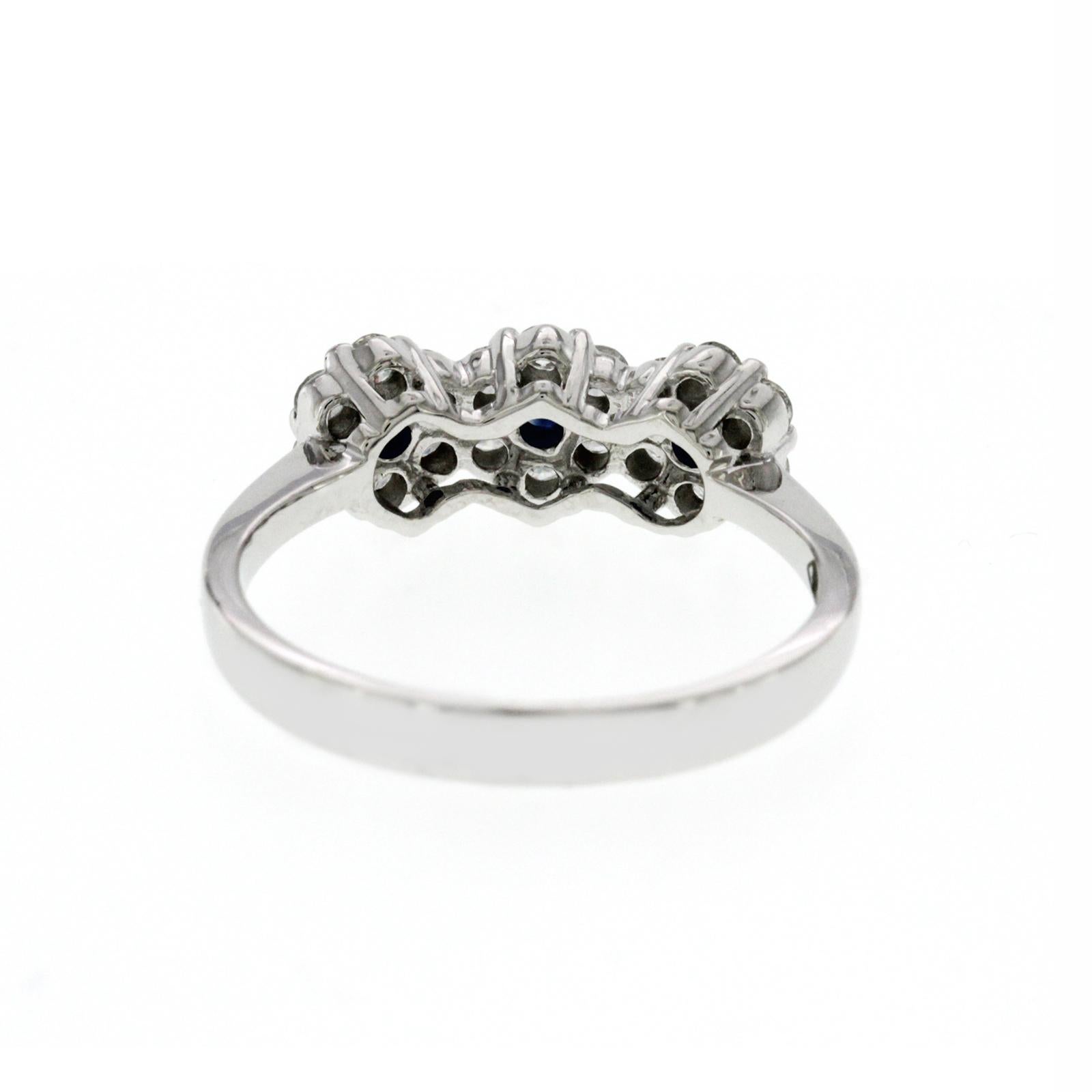 Piero Milano 18K White Gold 0.39ct Diamonds & Sapphire 3 Flower Band Ring In New Condition For Sale In Los Angeles, CA