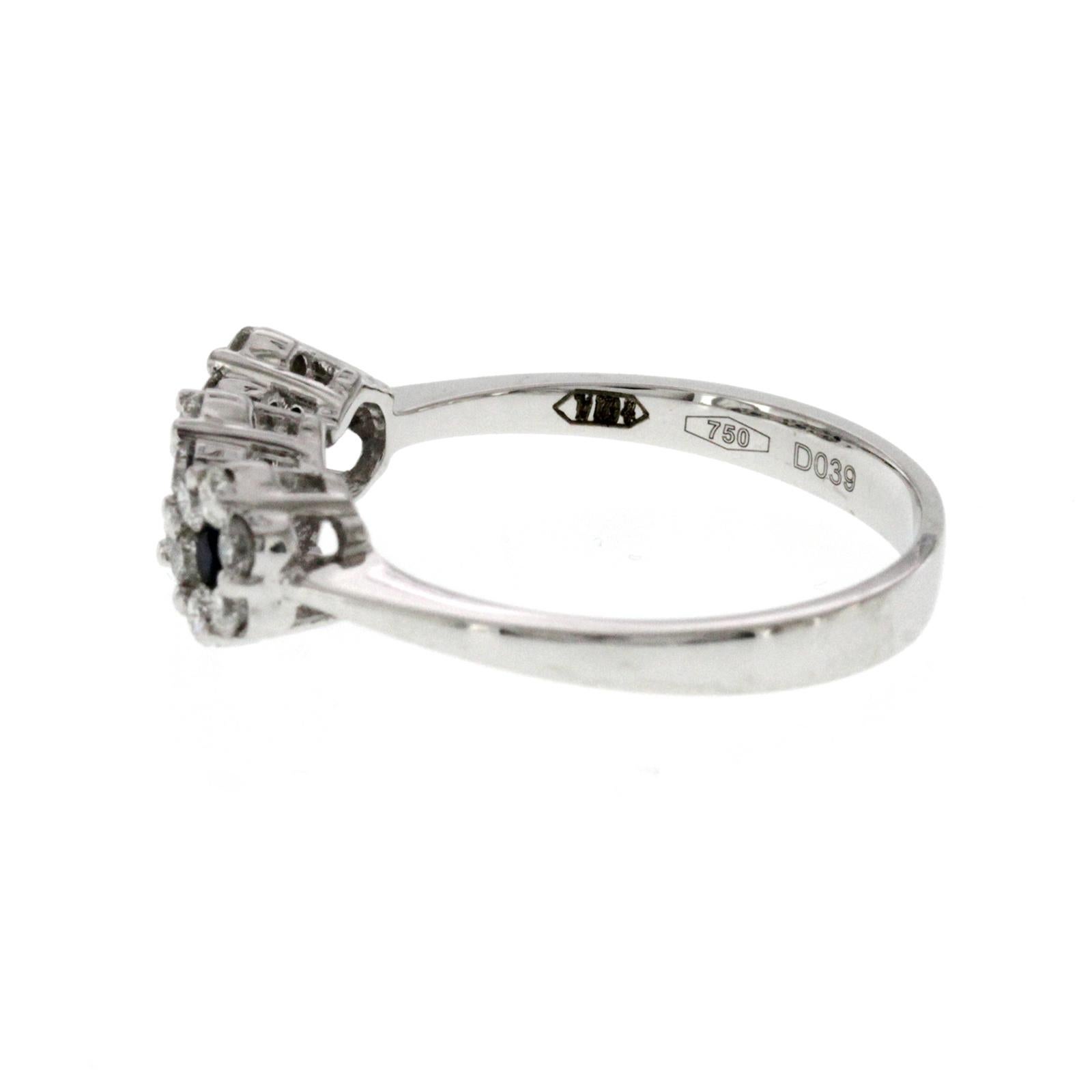 Women's or Men's Piero Milano 18K White Gold 0.39ct Diamonds & Sapphire 3 Flower Band Ring For Sale