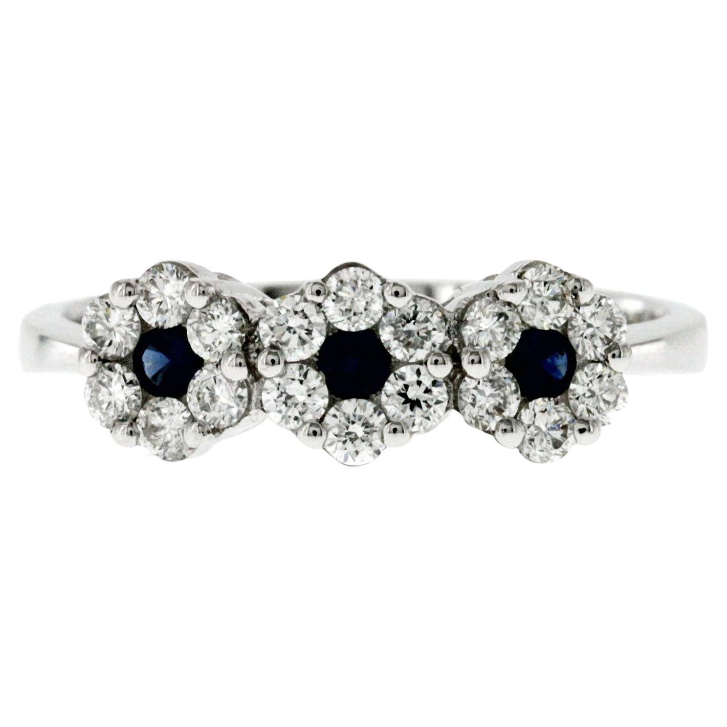 Piero Milano 18K White Gold 0.39ct Diamonds & Sapphire 3 Flower Band Ring For Sale