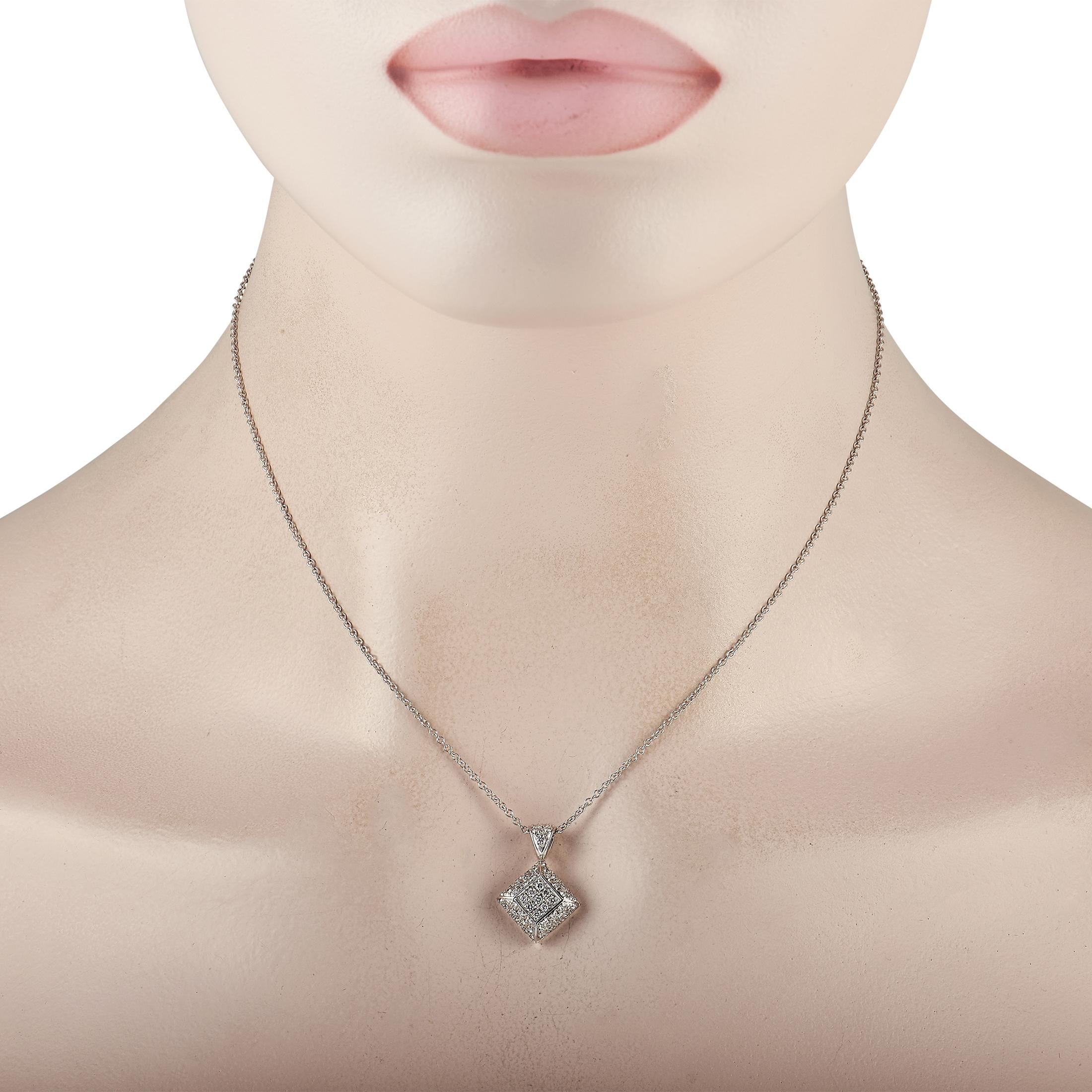 Exuding a timeless allure, this diamond necklace will instantly polish your looks with style and refinement. This white gold creation by Piero Milano features a diamond-encrusted bail holding an angular square pendant in a diamond-shaped