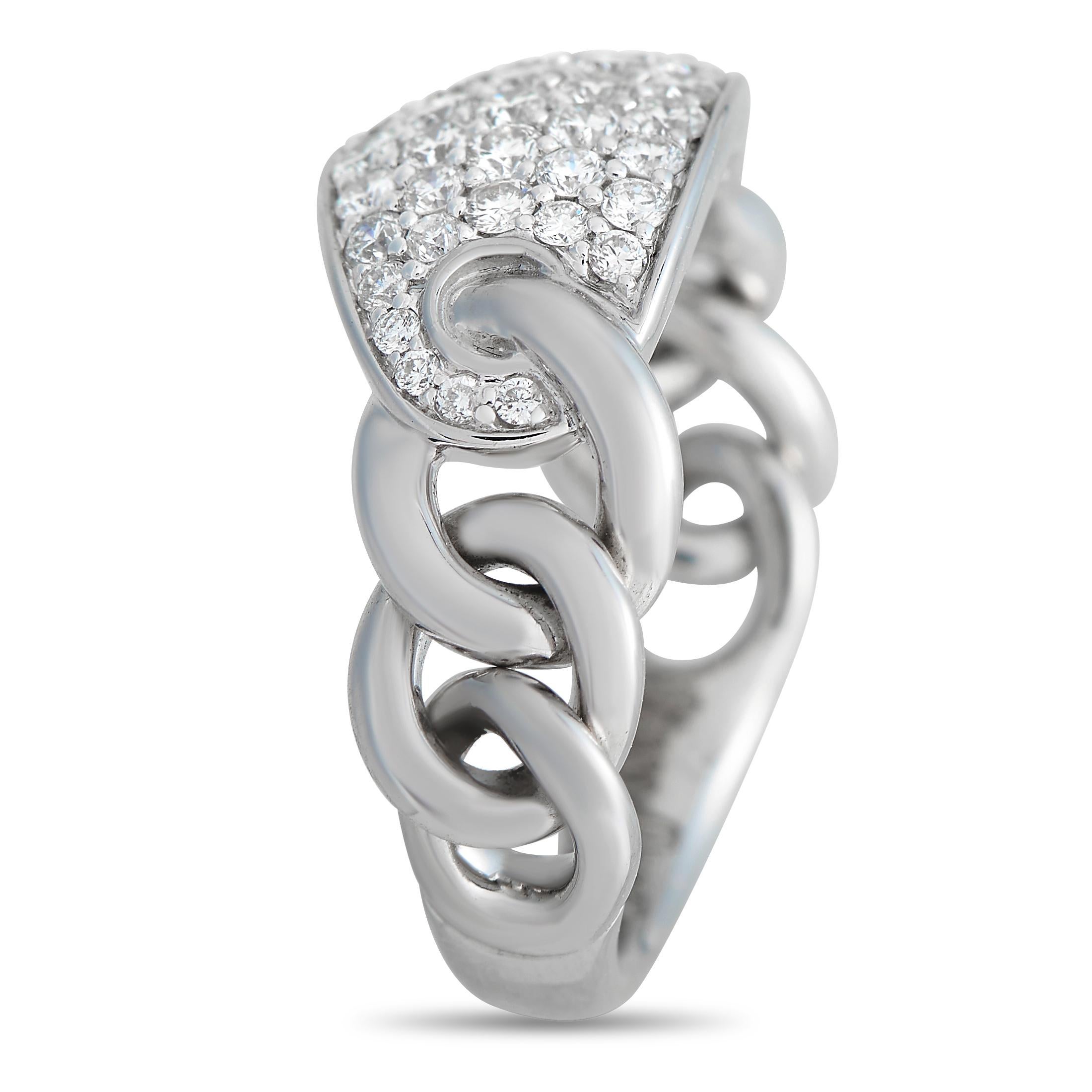 A unique, chain-style band measuring 6mm wide makes this Piero Milano ring anything but ordinary. At the top of the 18K White Gold setting, you’ll find sparkling inset diamonds with a total weight of 0.80 carats. 