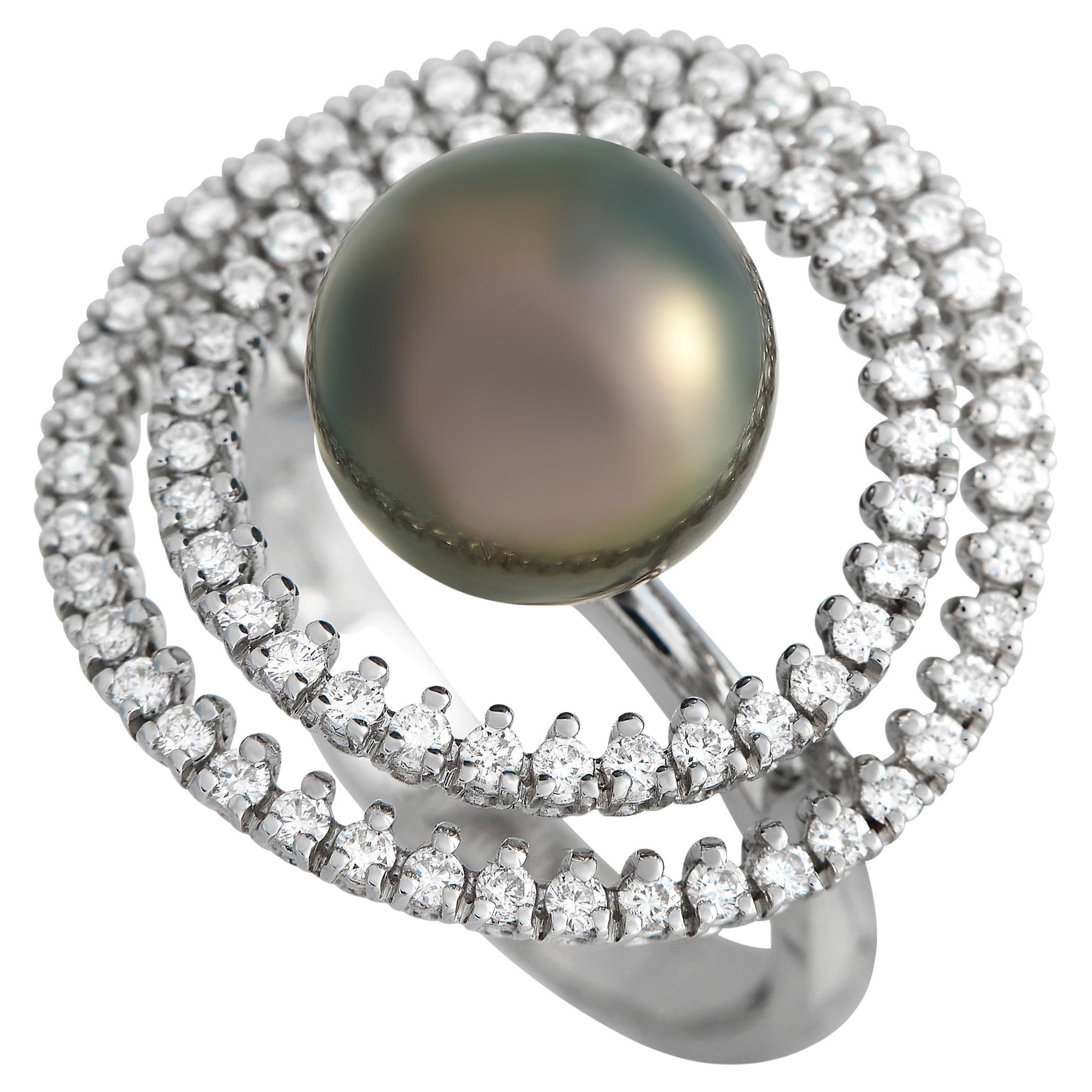 Piero Milano 18K White Gold 0.98 Ct Diamond and Pearl Ring For Sale