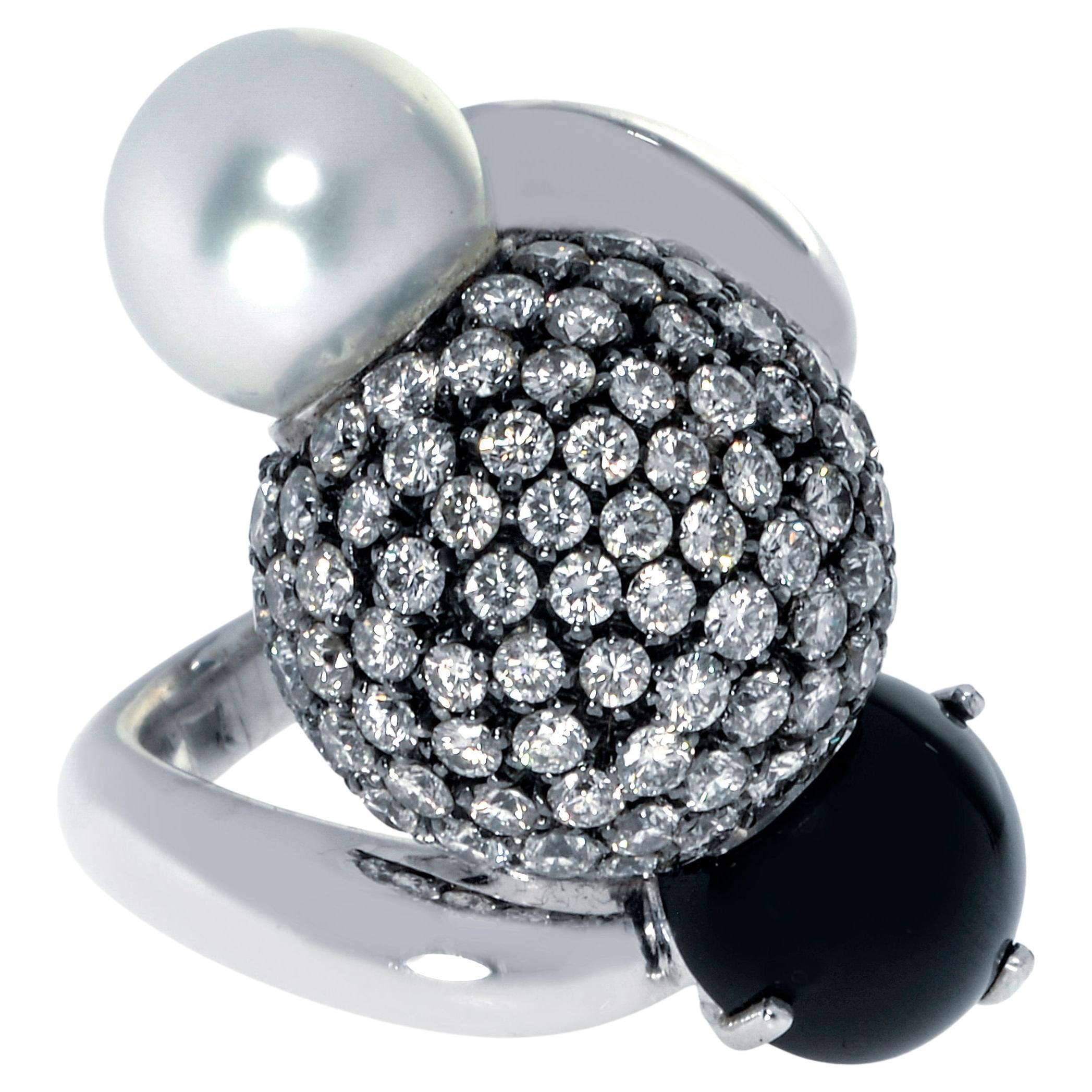 Piero Milano 18K White Gold Diamond And Pearl Ring Sz 7.5 For Sale