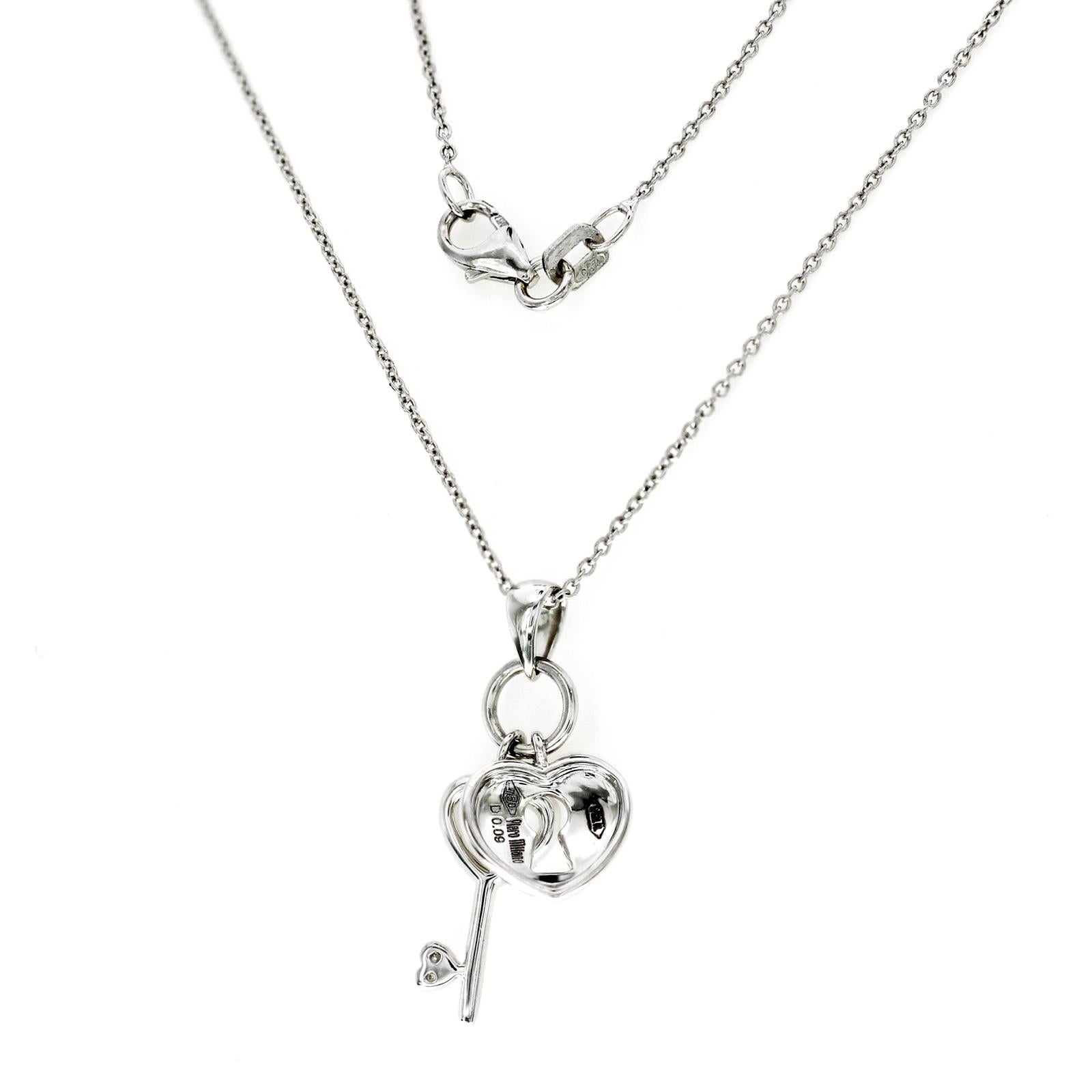 Round Cut Piero Milano 18K White Gold Diamond Heart & Key Necklace For Sale