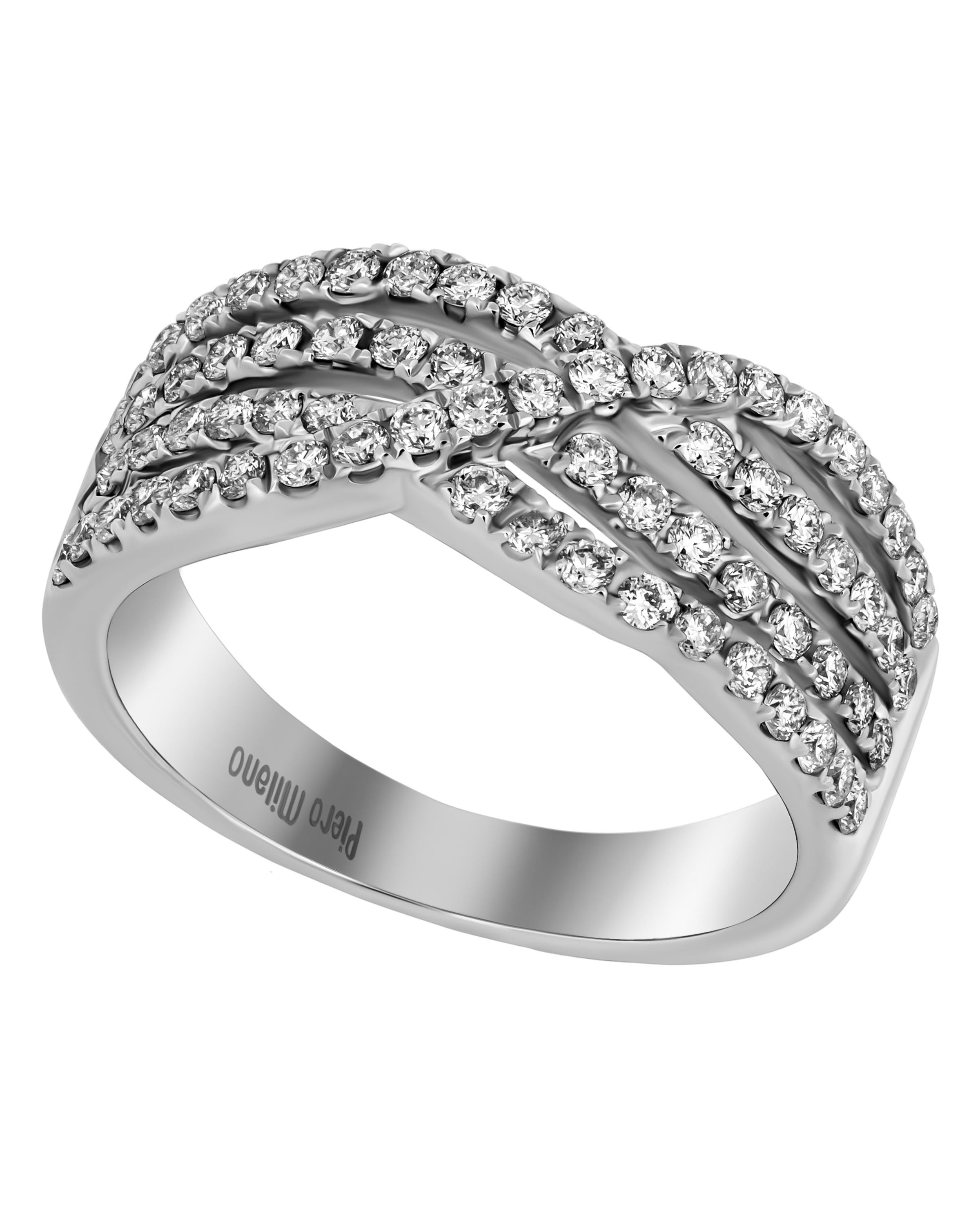 This graceful Piero Milano 18K White Gold Highway Ring features a waved diamond strand overlapping three glittering layers of diamond pave 0.7ct. tw. The ring size is 6 (51.9). The Band Width is 7.7mm. The Weight is 5.7g. Diamond Color: G-H. Diamond