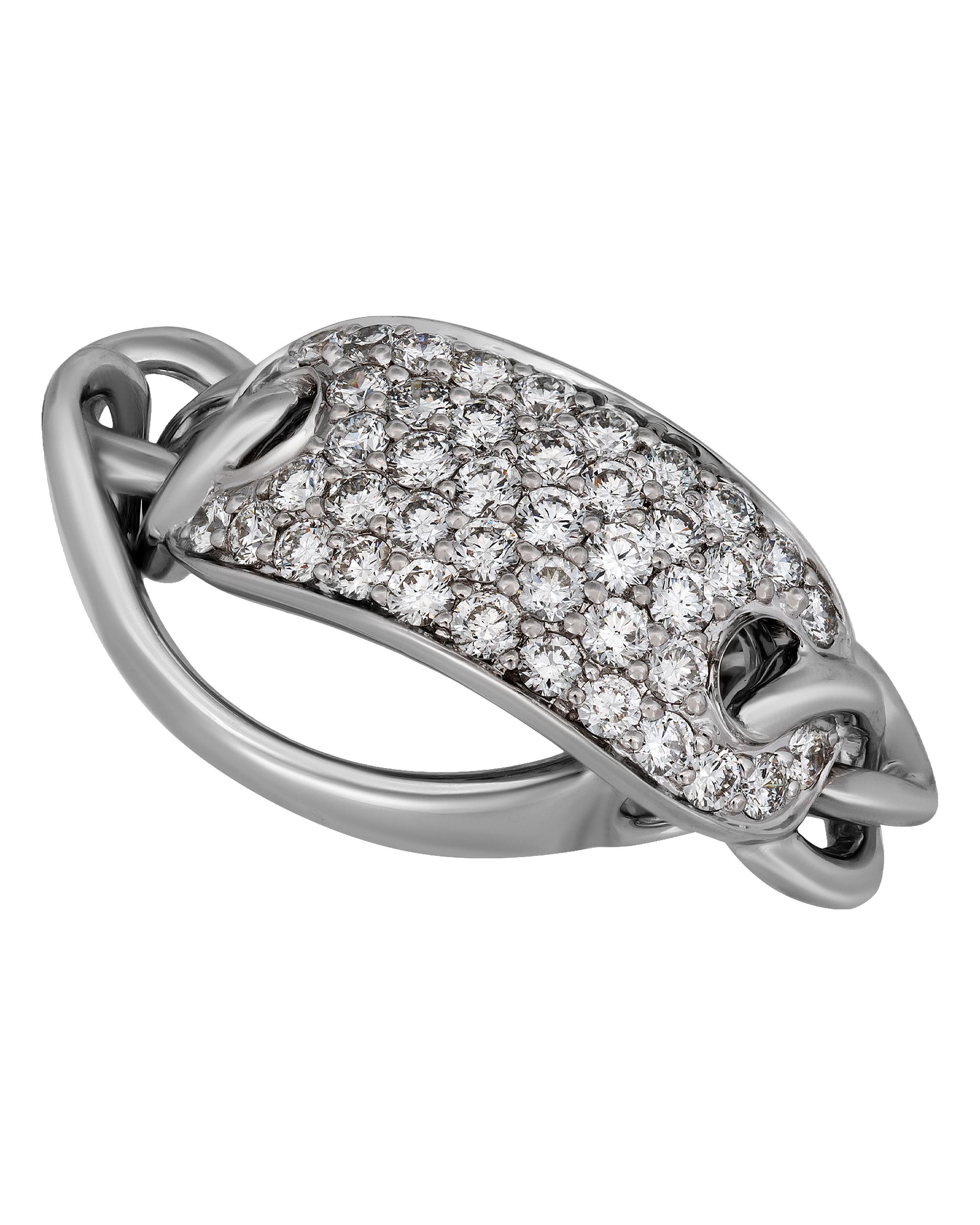This glittering Piero Milano 18K White Gold Link Ring features a dazzling diamond station 0.91ct. tw. linked to a luscious white gold band. The ring size is 6.5 (53.1). The Decoration Size is 9mm. The Weight is 5.7g.
