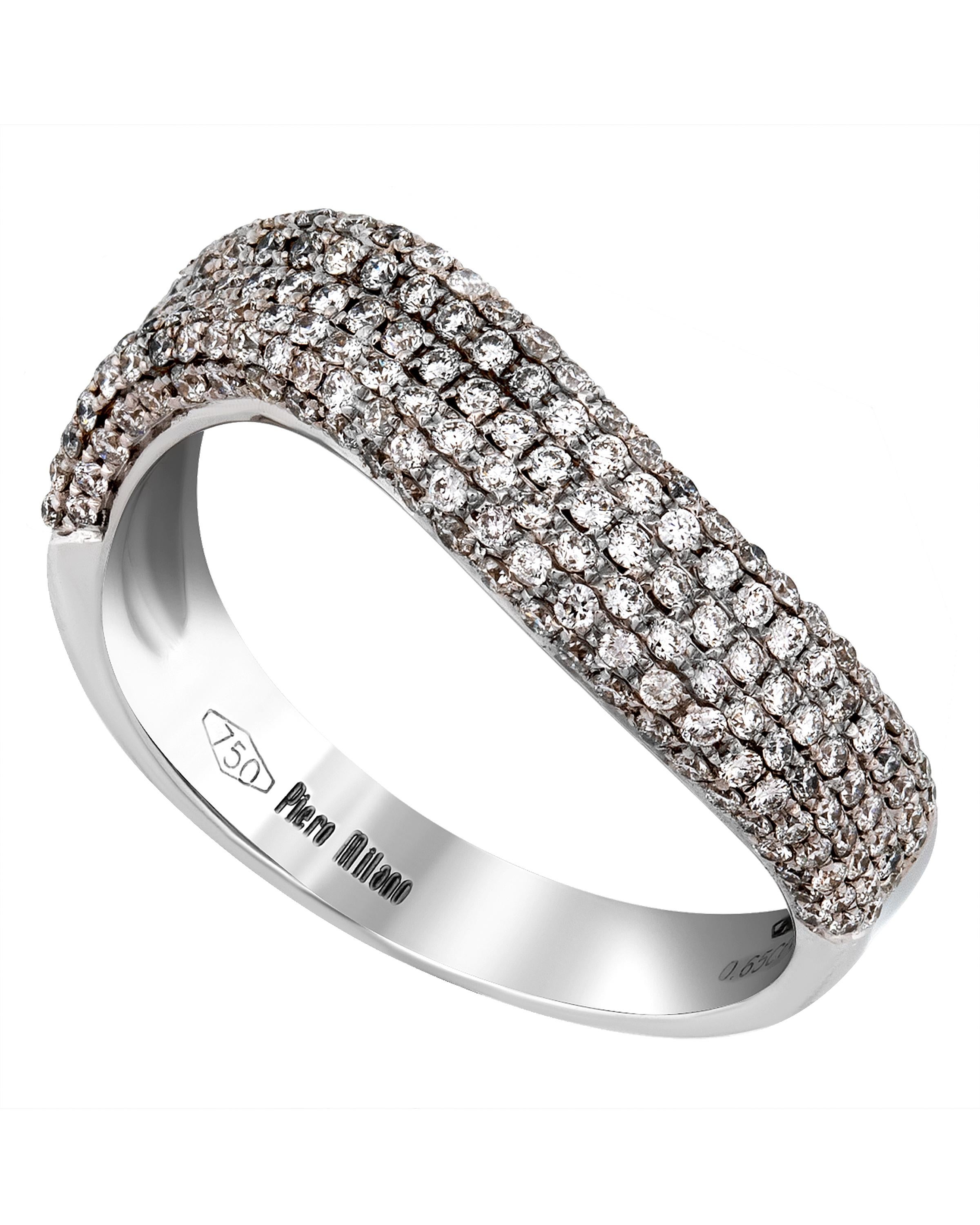 This contemporary Piero Milano 18K White Gold Curved Ring features layers of striking diamonds 0.65ct. tw. lining a curved white gold band. The ring size is 6.5 (53.1). The Band Width is 4.5mm. The Weight is 4.2g.
