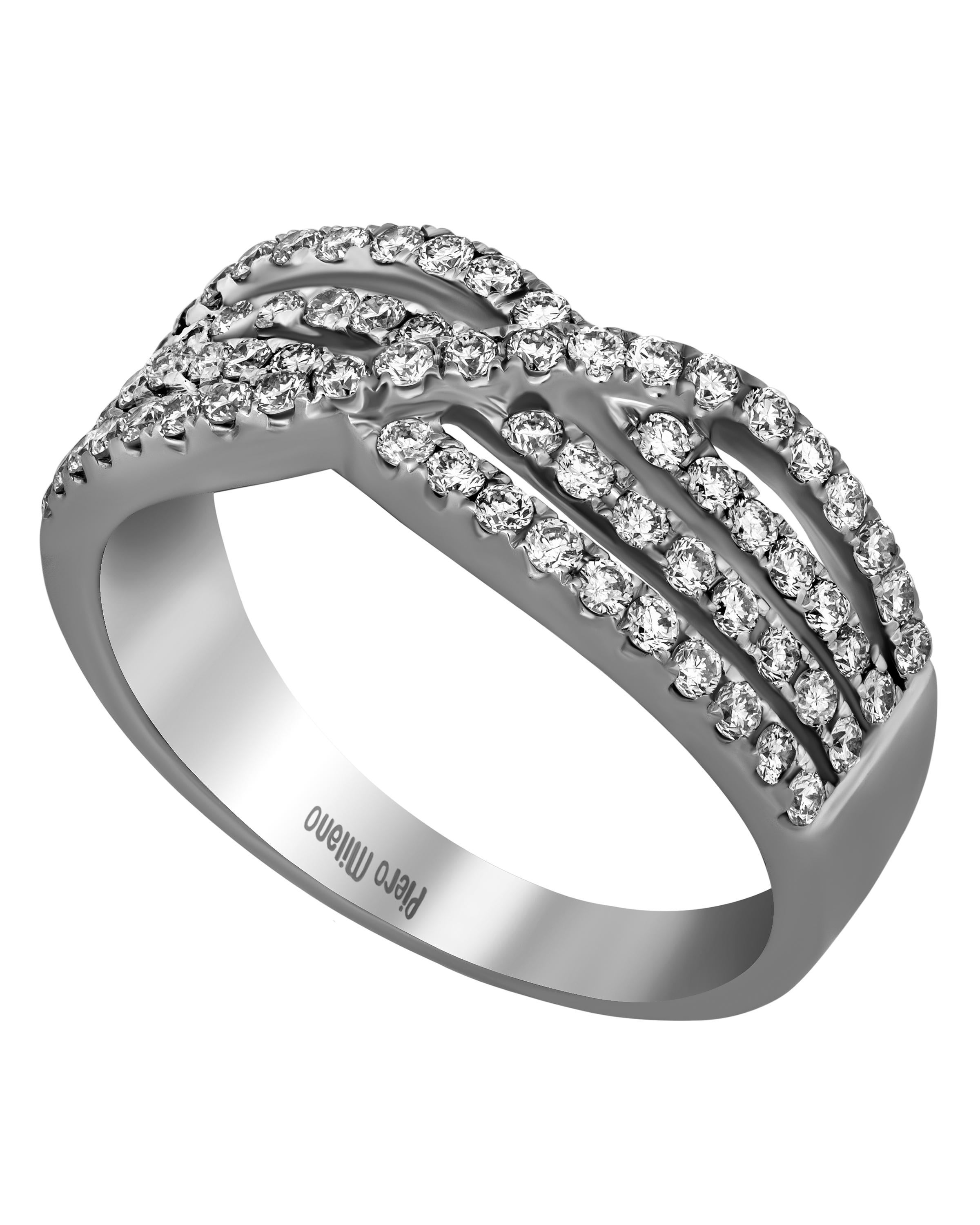 This graceful Piero Milano 18K White Gold Highway Ring features a waved diamond strand overlapping three glittering layers of diamond pave 0.71ct. tw. The ring size is 6.75 (53.8). The Band Width is 7.7mm. The Weight is 5.6g.
