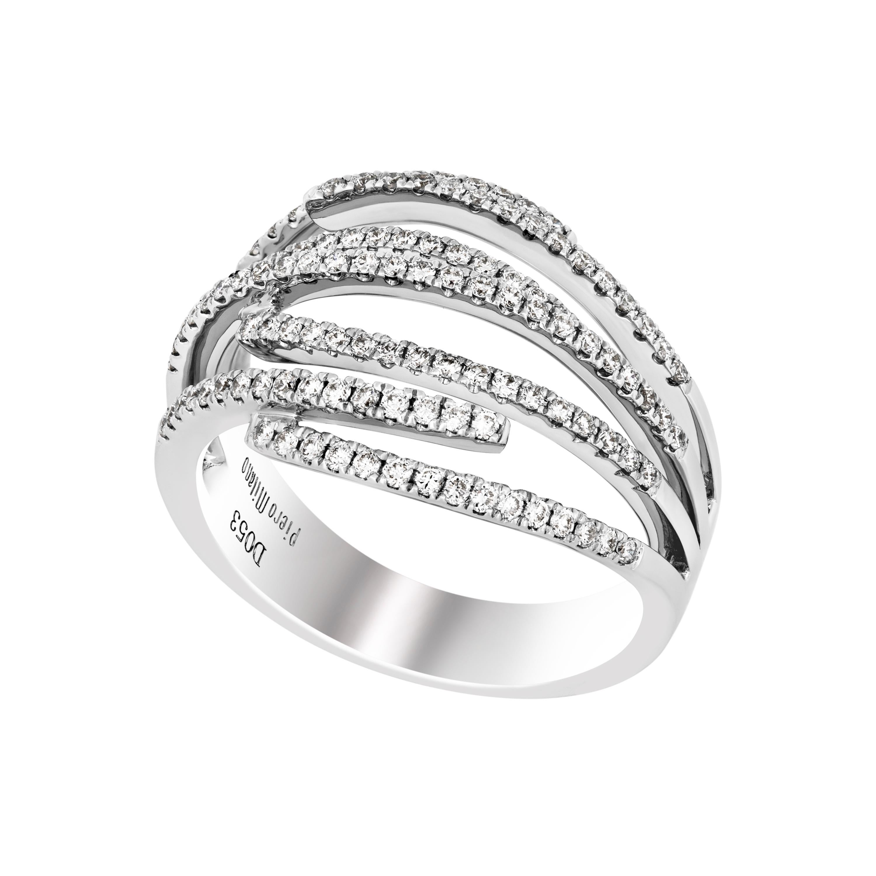 This charming Piero Milano 18K White Gold Highway Ring features a dazzling sparkle cast from seven layers of French pave diamonds 0.53ct. tw. lining white gold arches. The ring size is 6.75 (53.8). The Band Width is 14.1mm. The Weight is 6.6g.