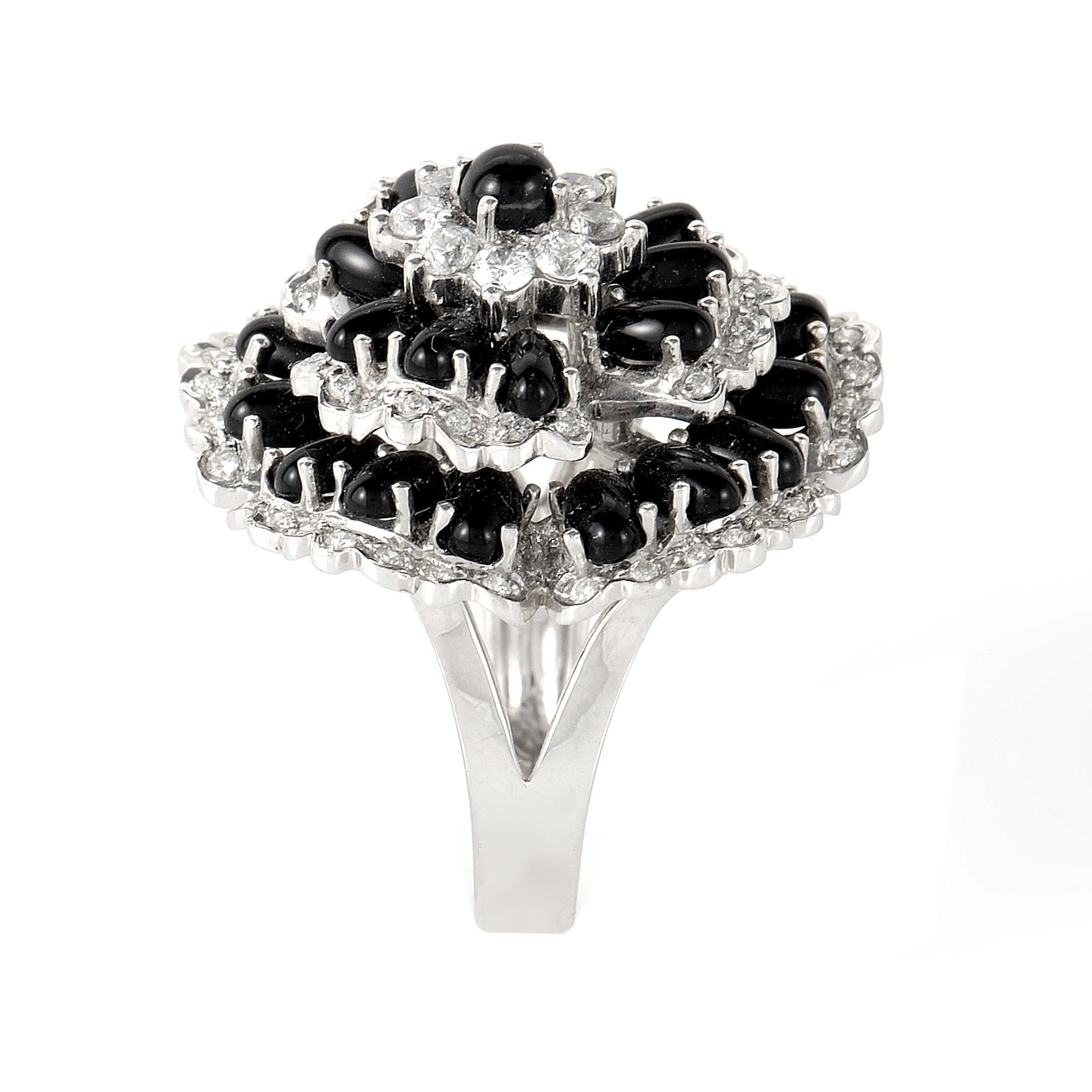 Piero Milano 18 Karat White Gold Onyx and Diamond Flower Ring In New Condition In Southampton, PA