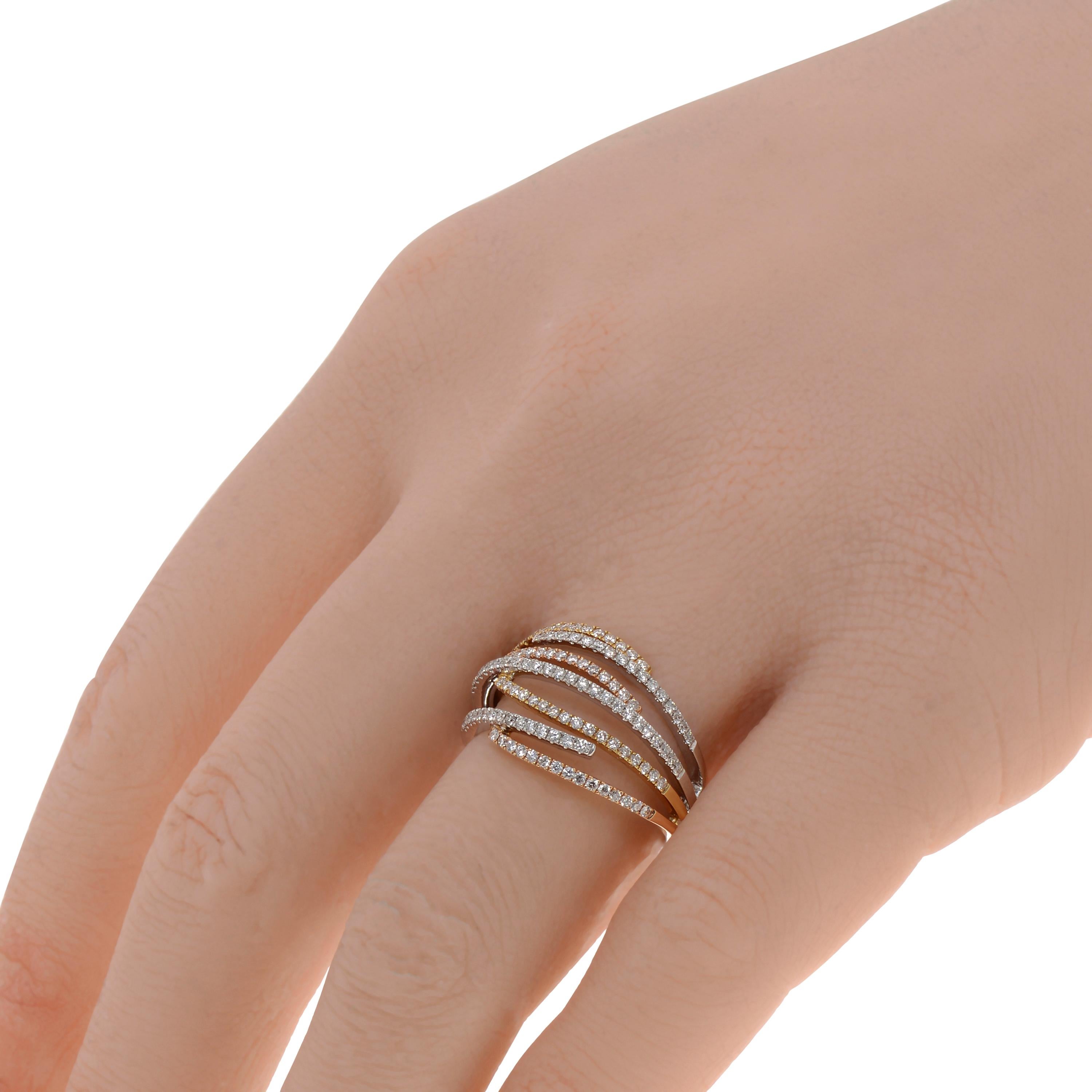 This brilliant Piero Milano 18K White Gold and 18k Rose Gold and 18k Yellow Gold Highway Ring features a tri color design crafted from rows of glittering diamonds 0.6ct. tw. set in Yellow, White, and Rose Gold. The ring size is 6.75 (53.8). The