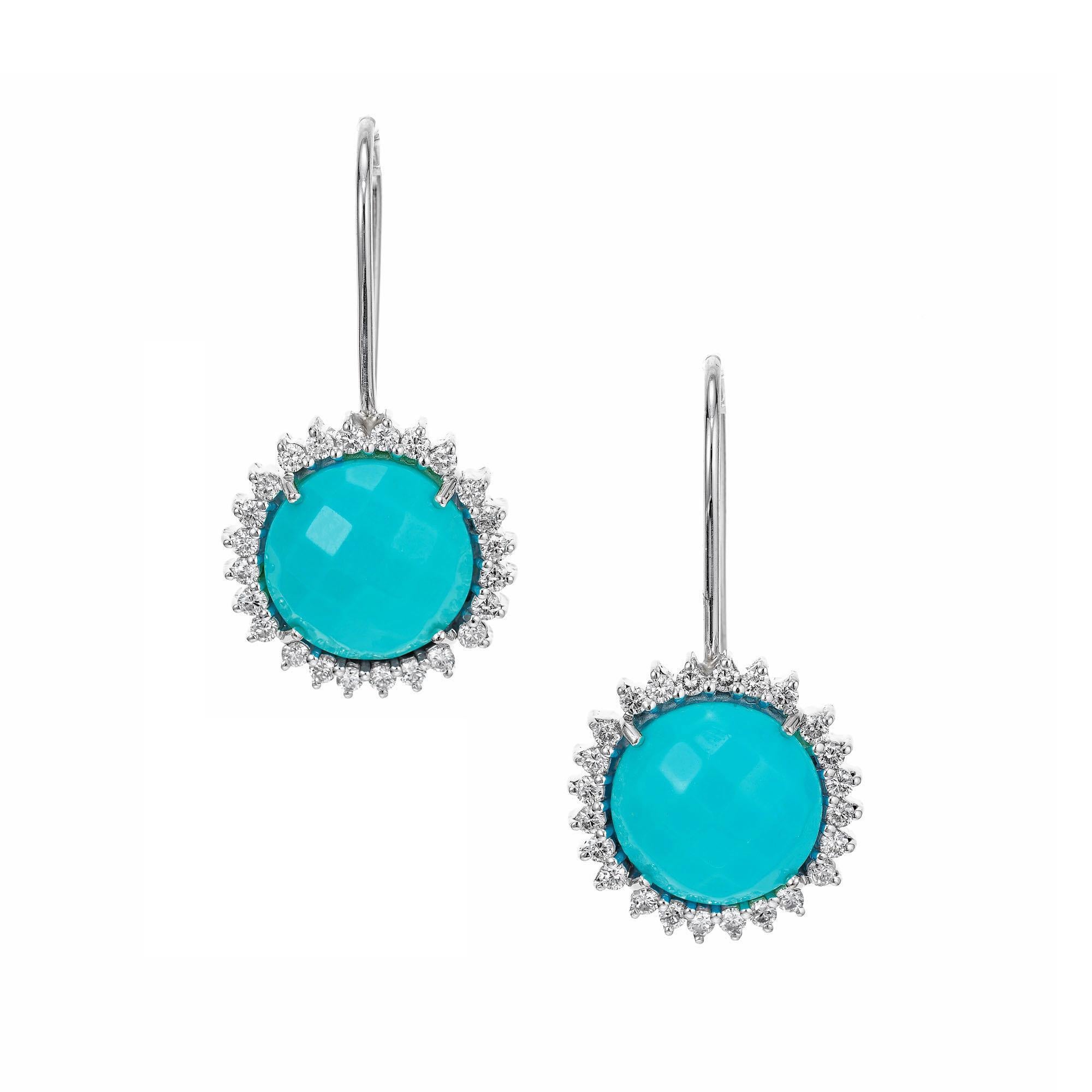 Piero Milano .92 Carat Diamond Halo Turquoise White Gold Dangle Earrings For Sale