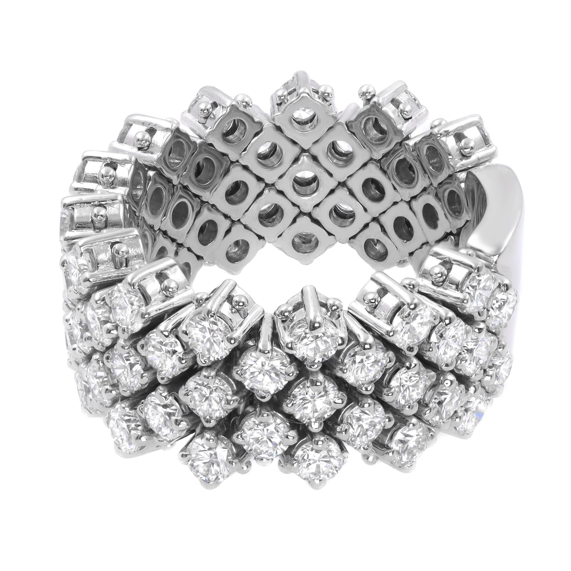 18k white gold natural diamond ring from Italian designer Piero Milano. This beautiful, slightly flexible ring is made of 5 rows of natural white prong set diamonds in a total of 3.48cts. Suitable for any occasion. Diamond color G-H and VS-SI