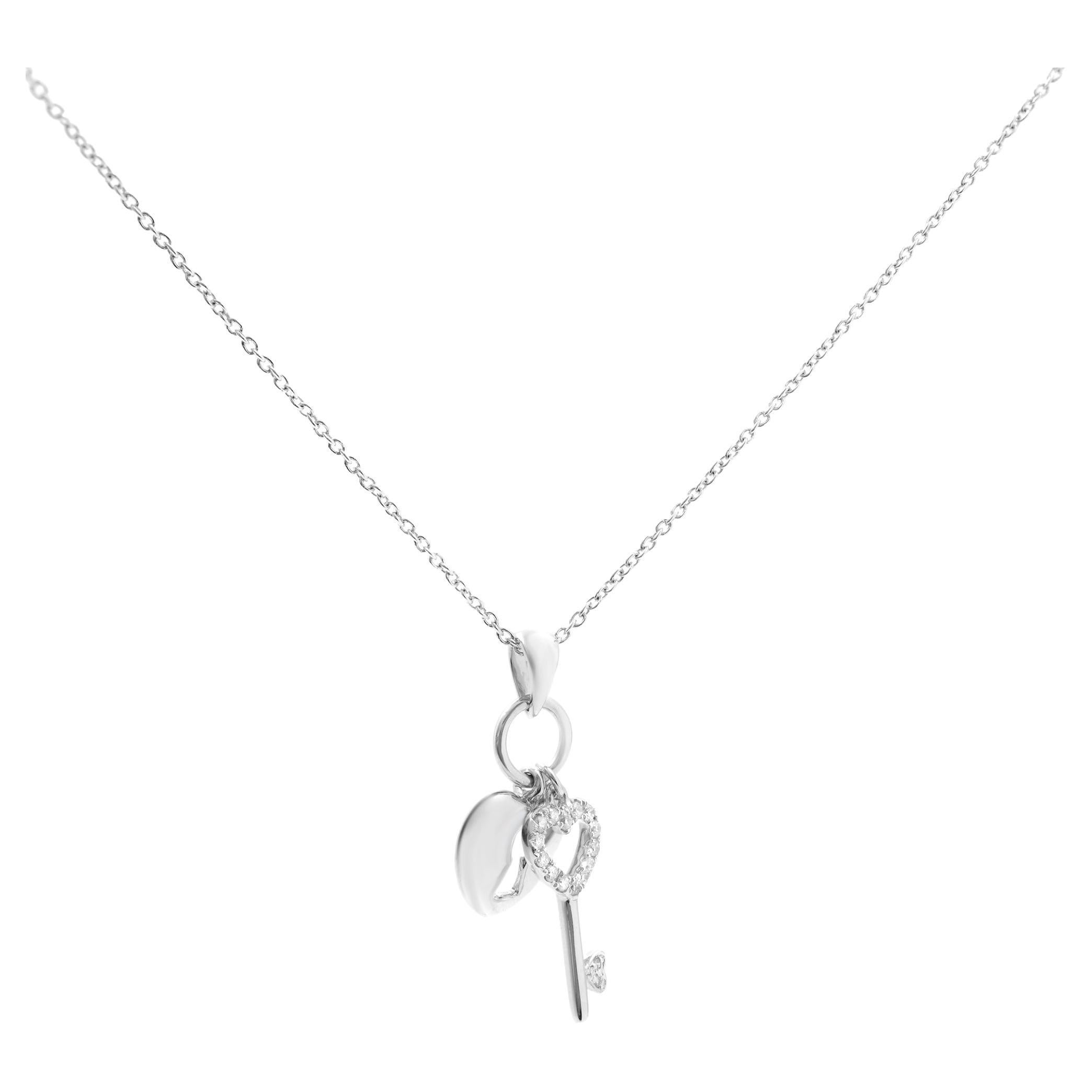 Piero Milano Natural Diamond Heart Lock & Key Necklace 18k White Gold 0.09cctw  For Sale