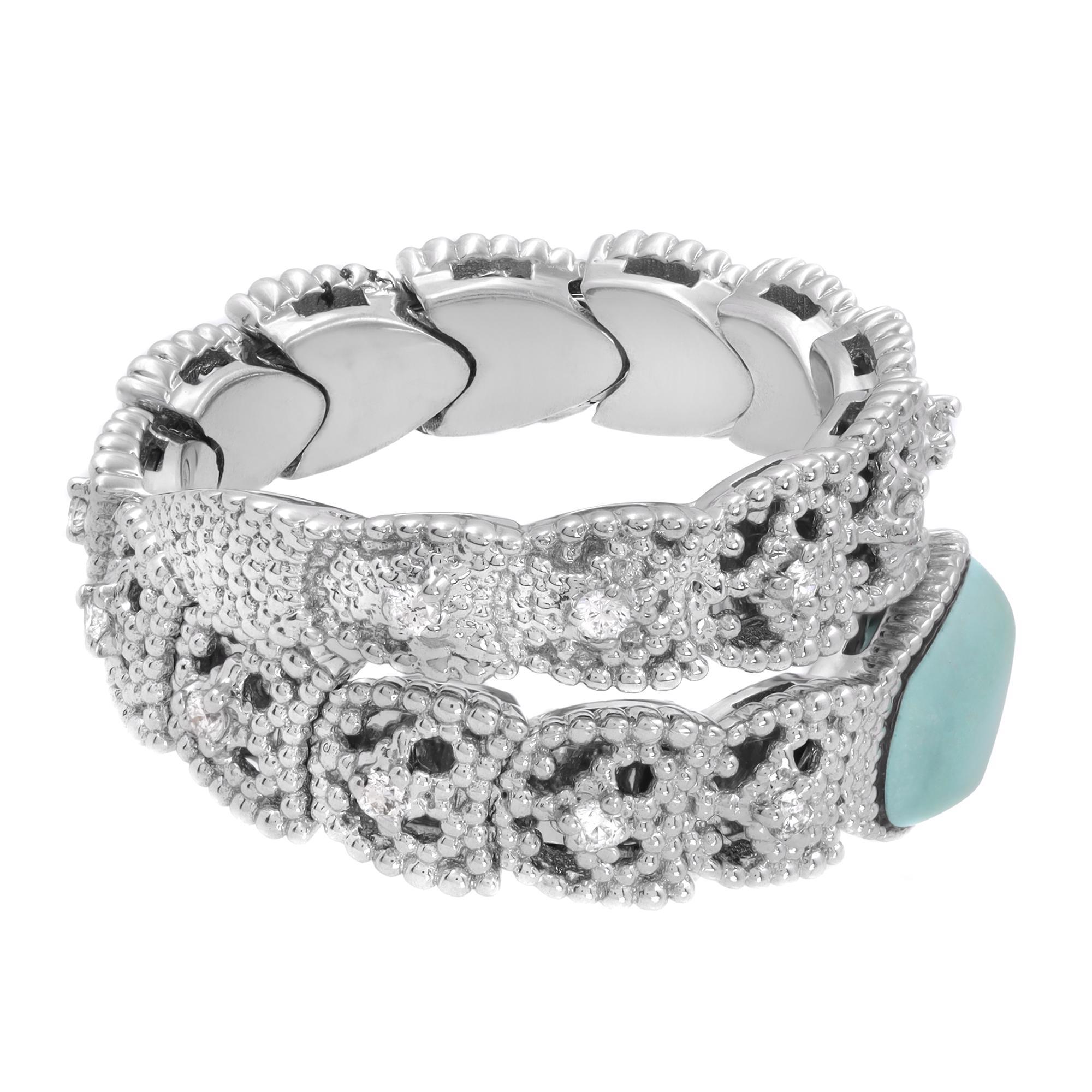 Rough Cut Piero Milano Natural Diamond & Turquoise Ring 18k White Gold 0.18cttw Size 6.5 For Sale