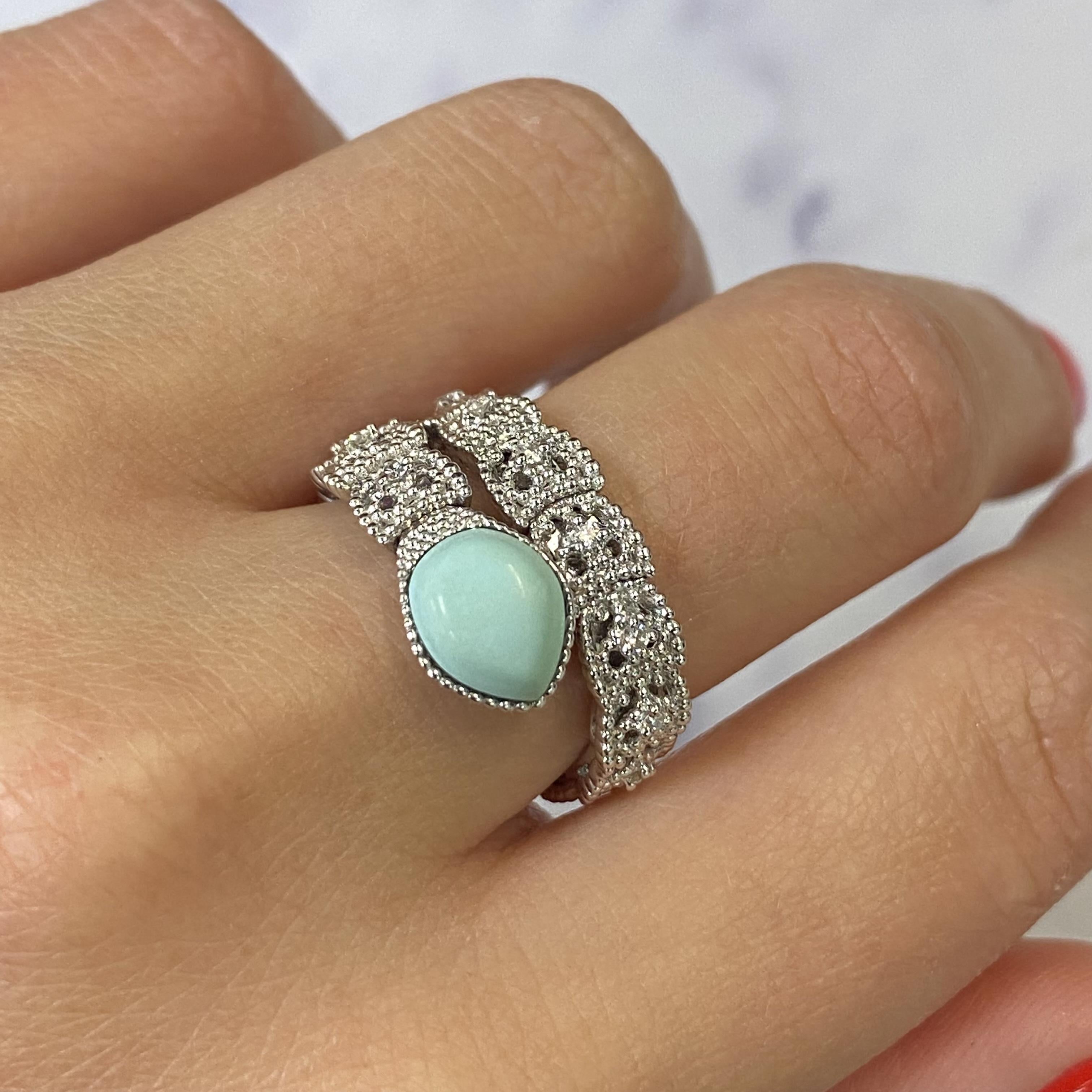 Piero Milano Natural Diamond & Turquoise Ring 18k White Gold 0.18cttw Size 6.5 In New Condition For Sale In New York, NY